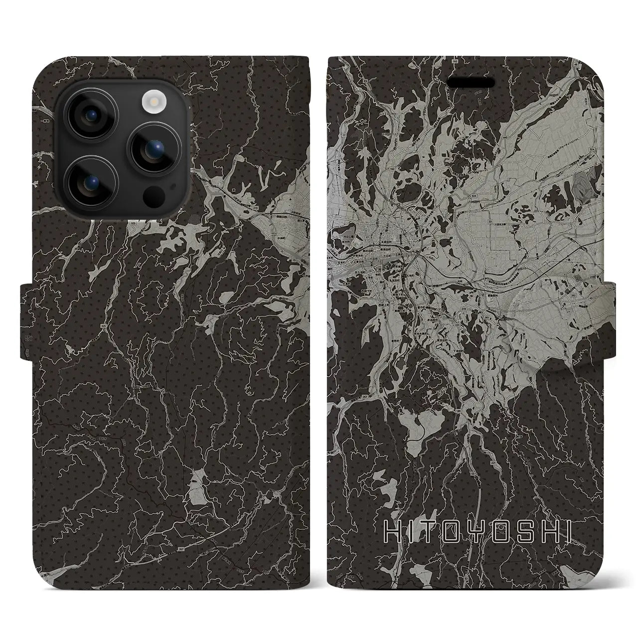 【人吉(熊本県)】地図柄iPhoneケース(手帳タイプ)モノトーン・iPhone 16 用