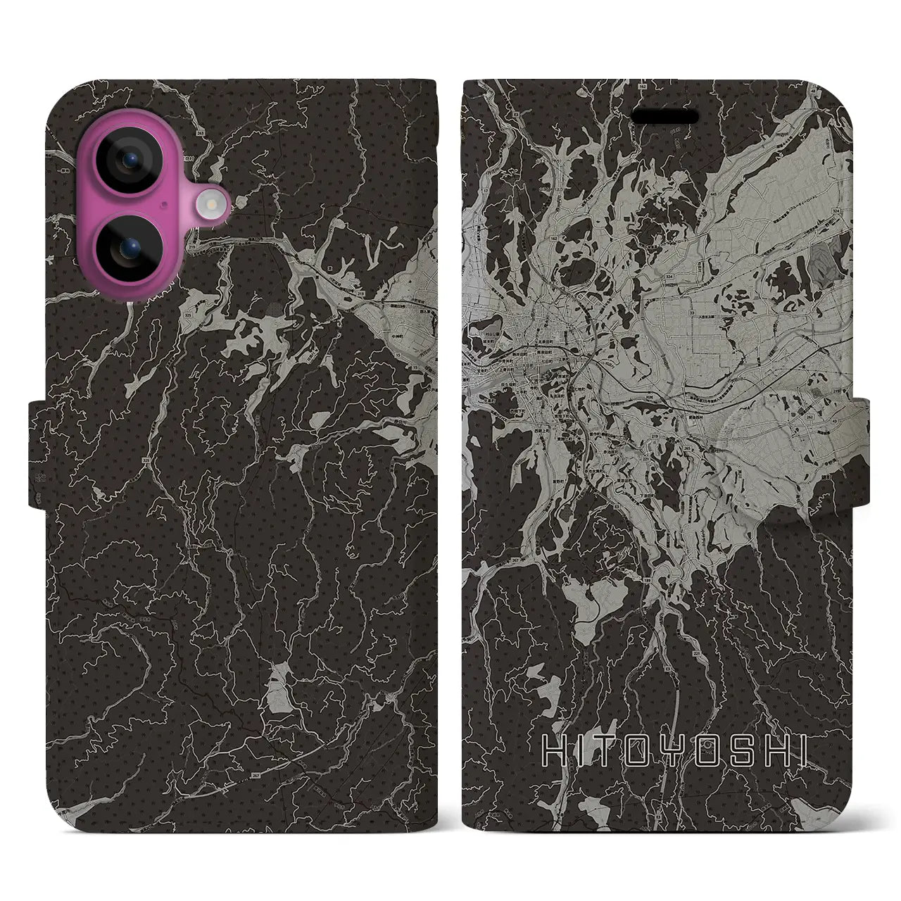 【人吉(熊本県)】地図柄iPhoneケース(手帳タイプ)モノトーン・iPhone 16 Pro 用