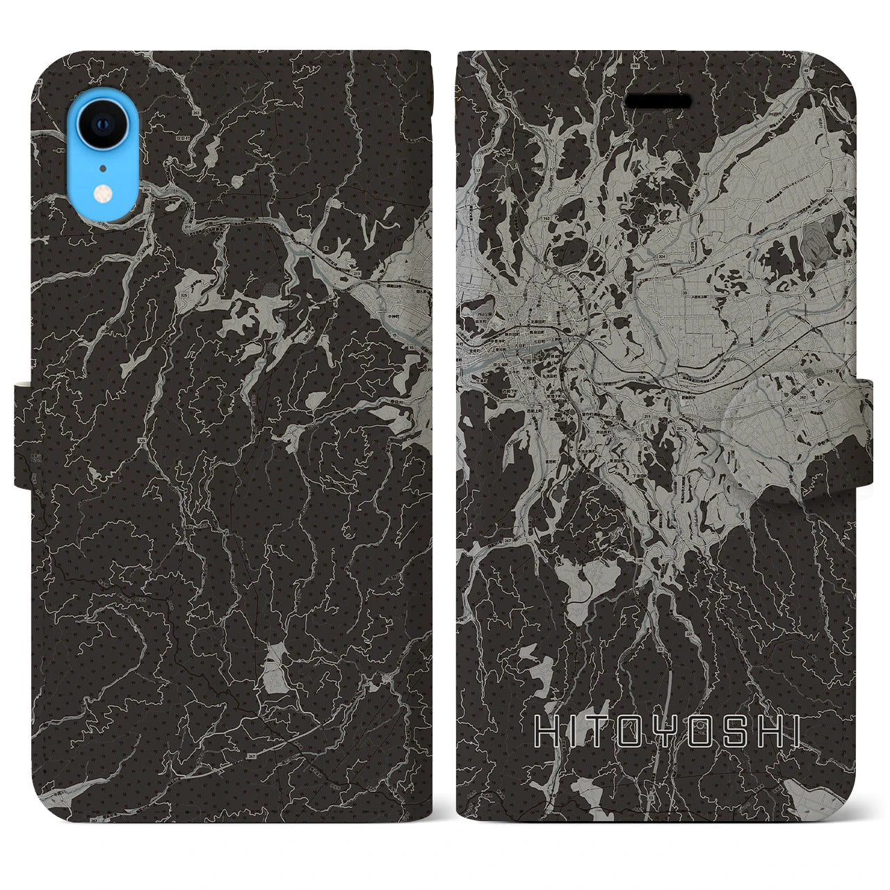 【人吉(熊本県)】地図柄iPhoneケース(手帳タイプ)モノトーン・iPhone XR 用