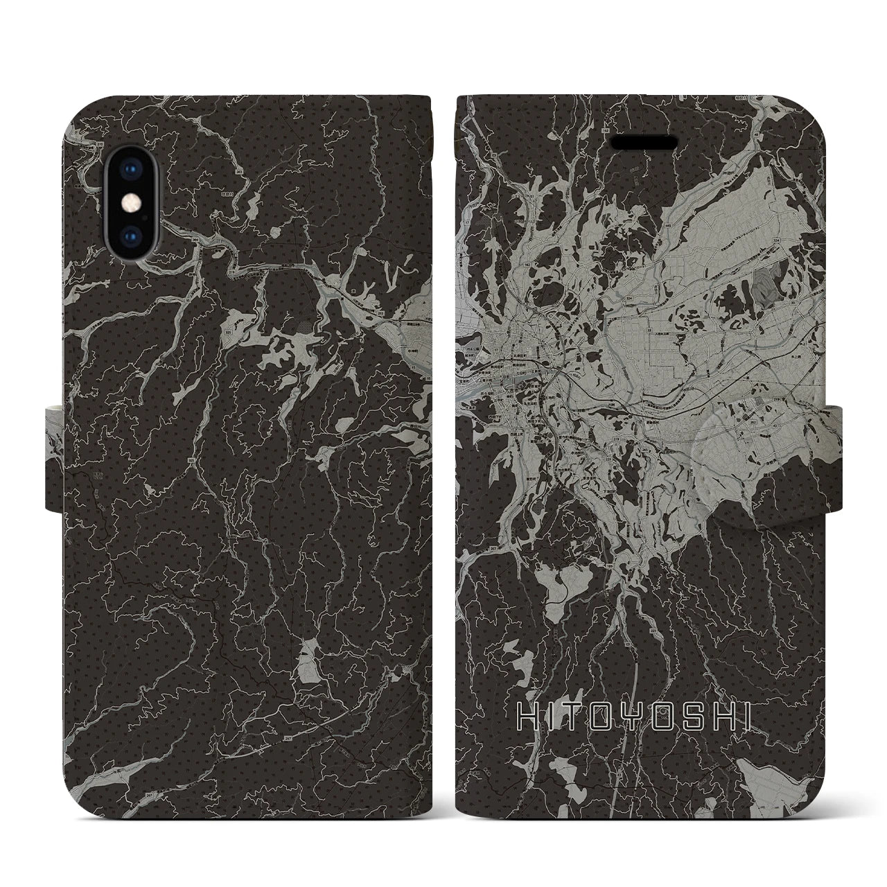 【人吉(熊本県)】地図柄iPhoneケース(手帳タイプ)モノトーン・iPhone XS / X 用
