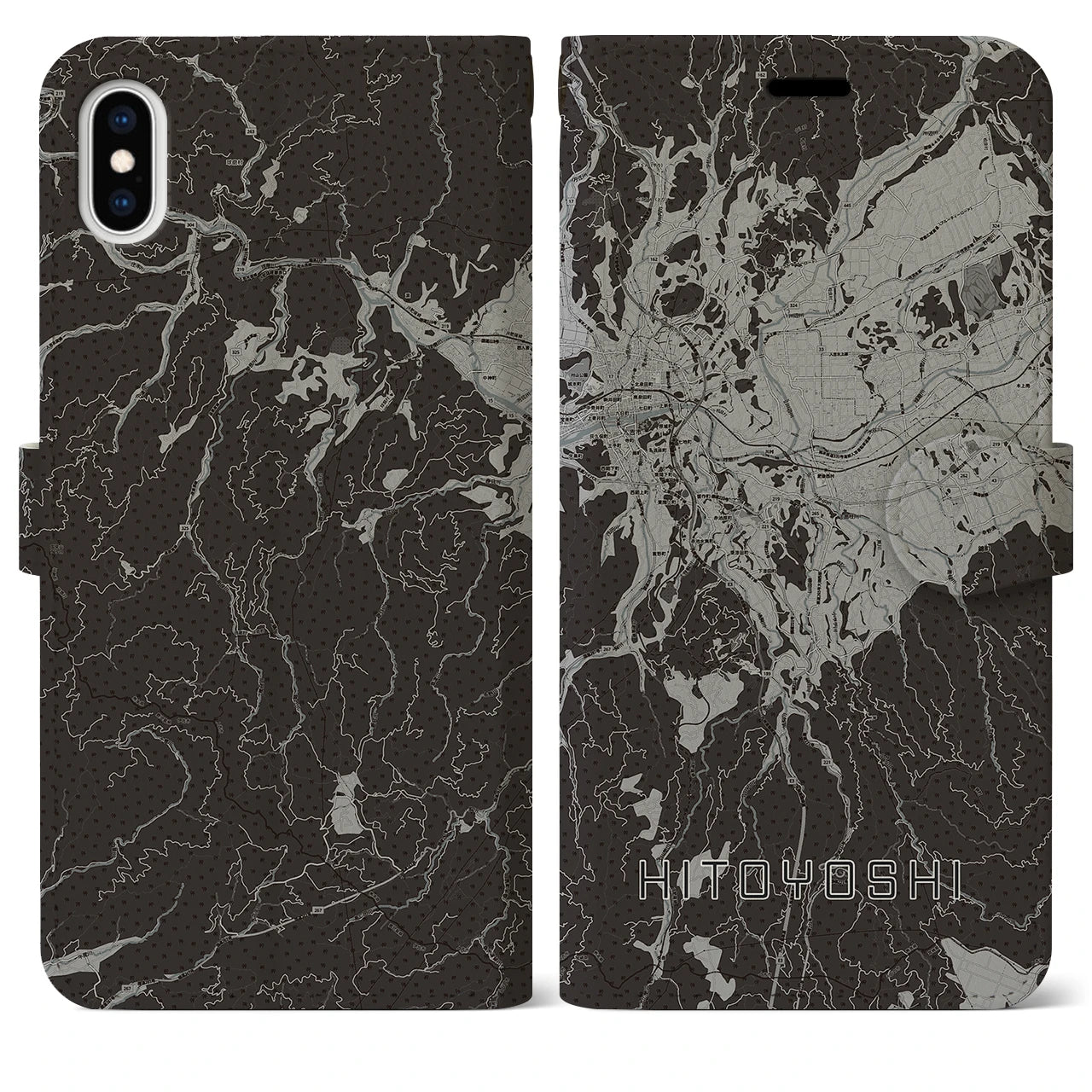 【人吉(熊本県)】地図柄iPhoneケース(手帳タイプ)モノトーン・iPhone XS Max 用