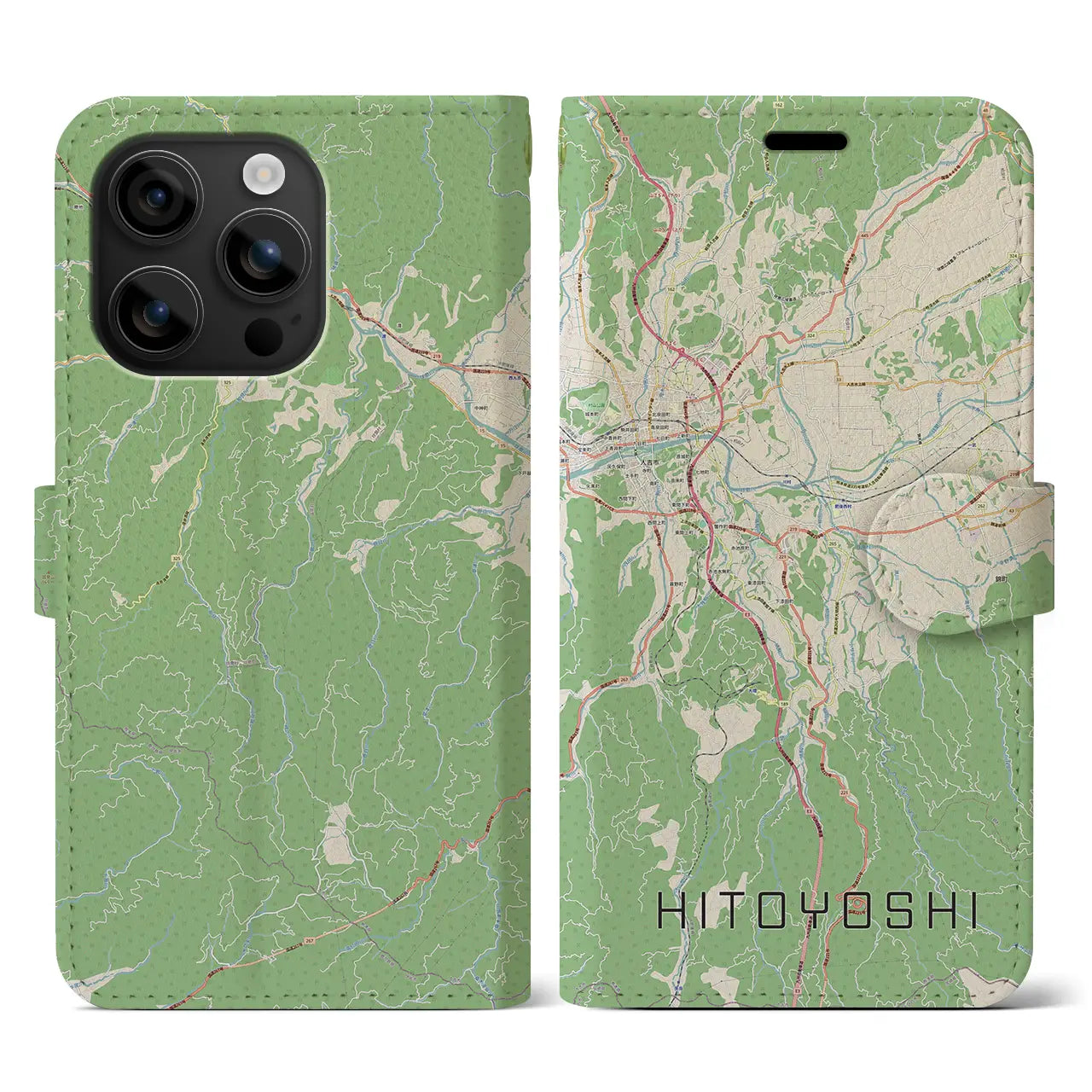 【人吉(熊本県)】地図柄iPhoneケース(手帳タイプ)ナチュラル・iPhone 16 用