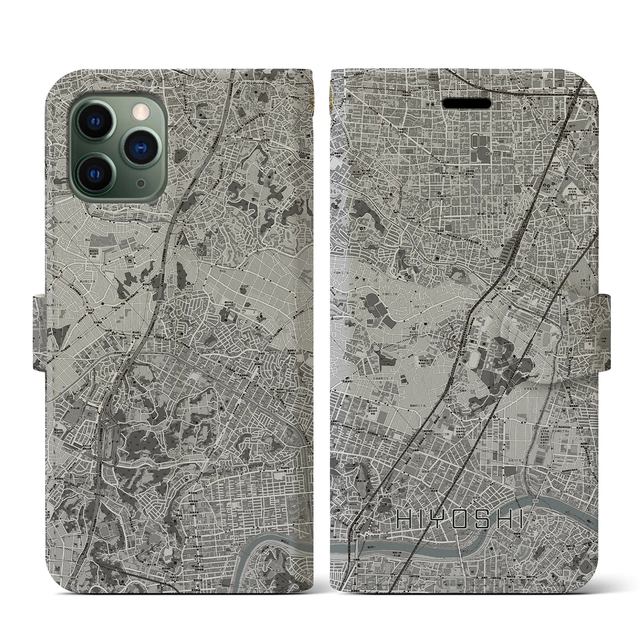 【日吉(神奈川県)】地図柄iPhoneケース(手帳タイプ)モノトーン・iPhone 11 Pro 用