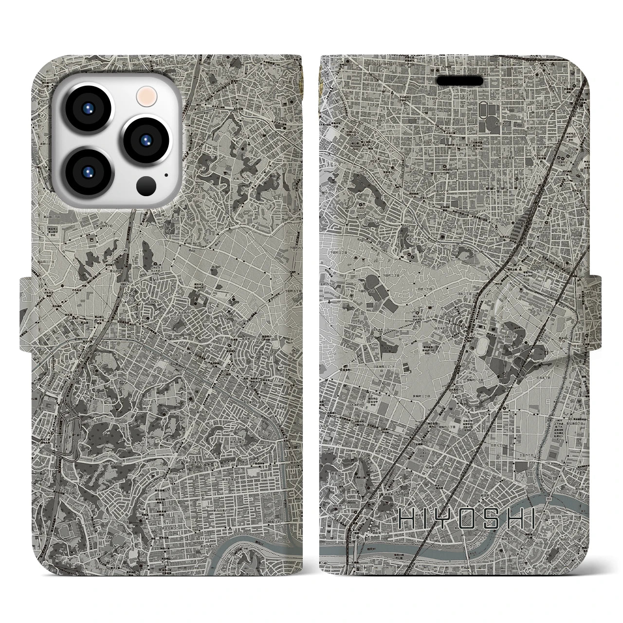 【日吉(神奈川県)】地図柄iPhoneケース(手帳タイプ)モノトーン・iPhone 13 Pro 用