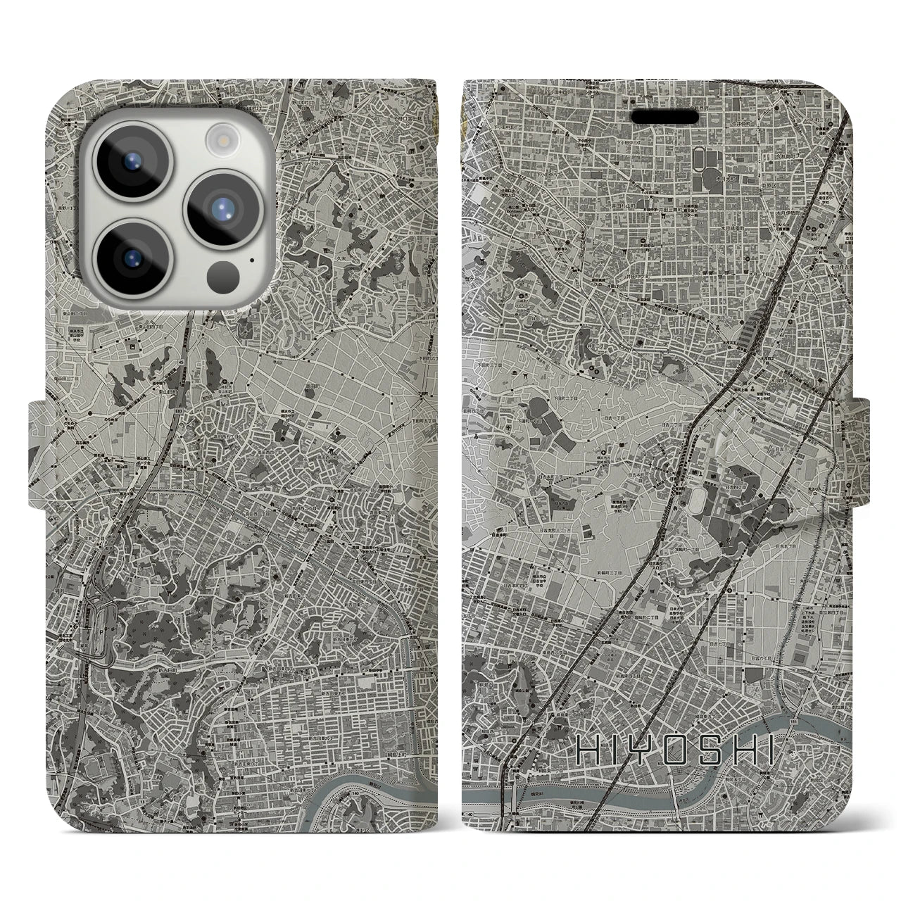 【日吉(神奈川県)】地図柄iPhoneケース(手帳タイプ)モノトーン・iPhone 15 Pro 用