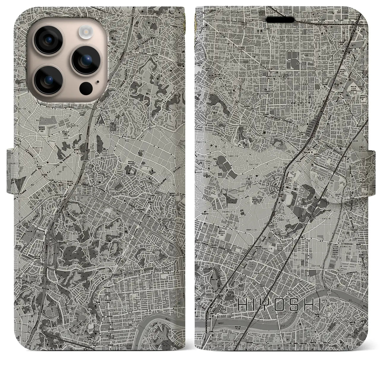 【日吉(神奈川県)】地図柄iPhoneケース(手帳タイプ)モノトーン・iPhone 16 Plus 用