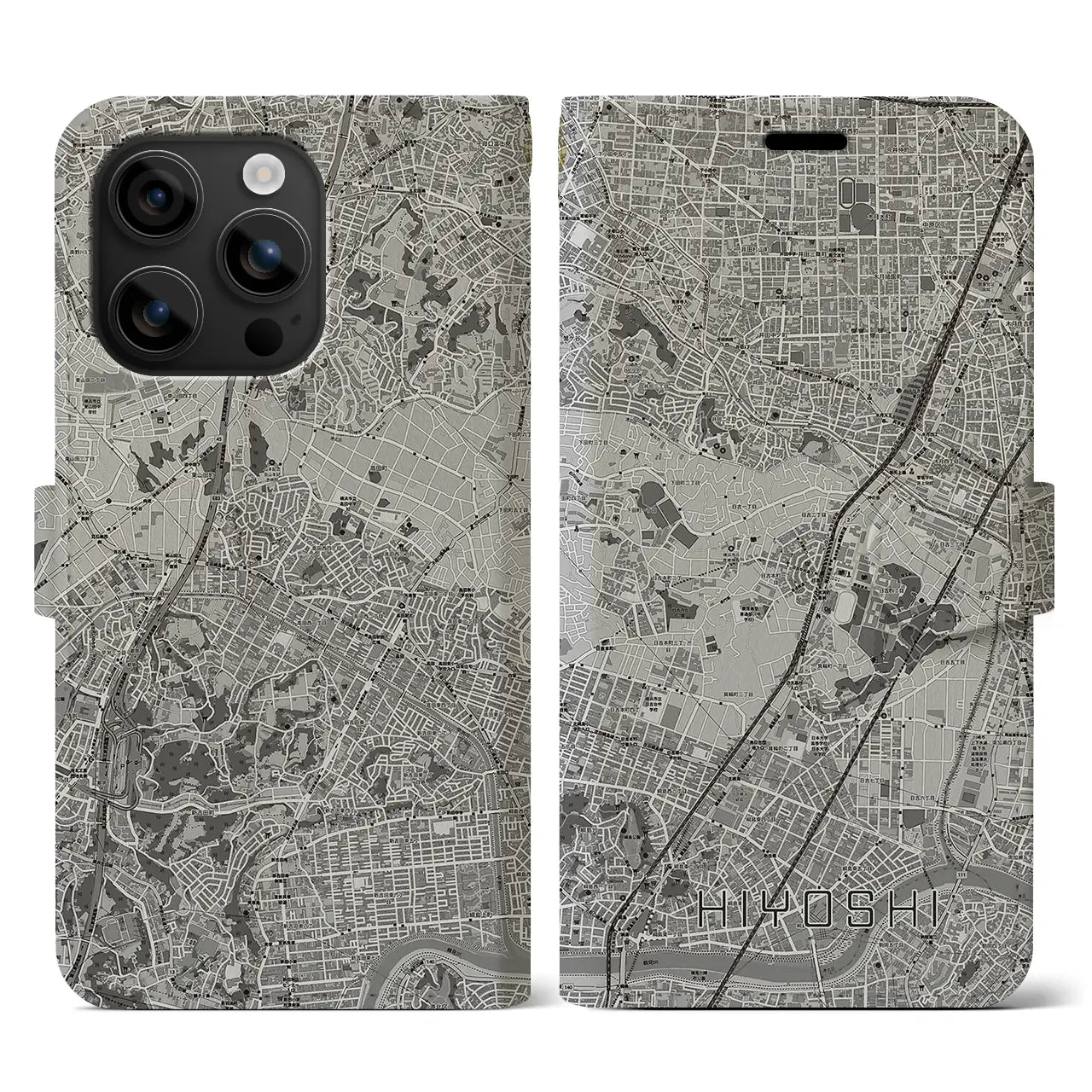 【日吉(神奈川県)】地図柄iPhoneケース(手帳タイプ)モノトーン・iPhone 16 用