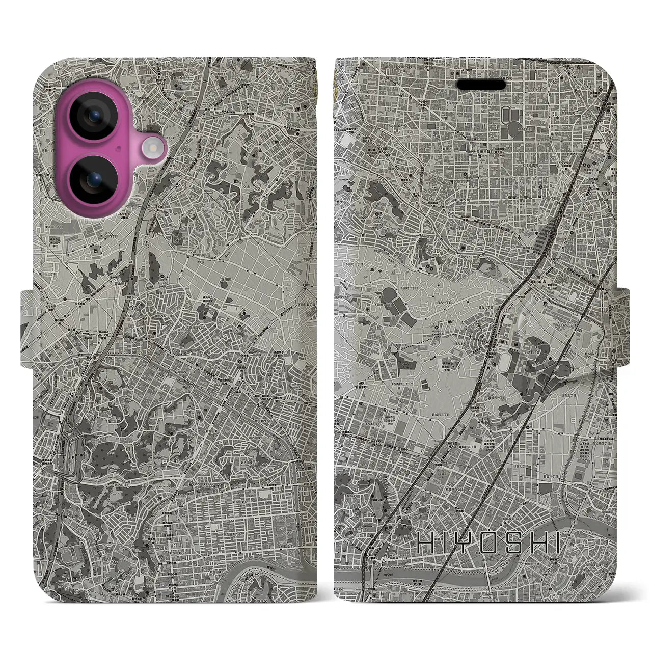 【日吉(神奈川県)】地図柄iPhoneケース(手帳タイプ)モノトーン・iPhone 16 Pro 用