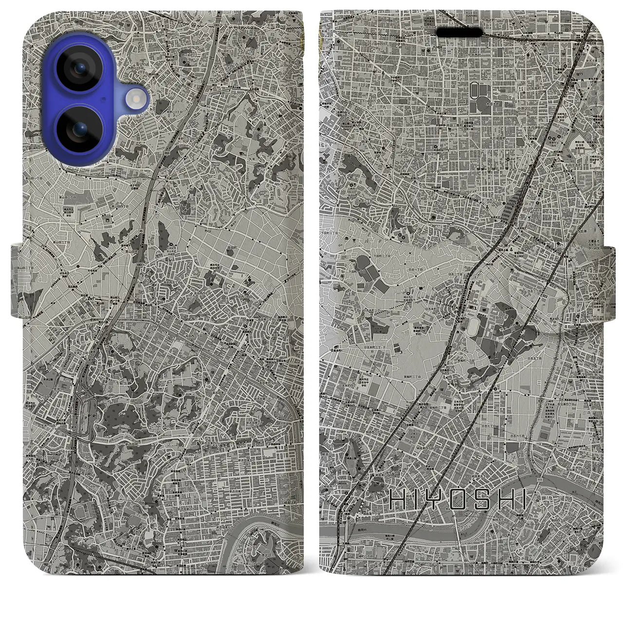 【日吉(神奈川県)】地図柄iPhoneケース(手帳タイプ)モノトーン・iPhone 16 Pro Max 用