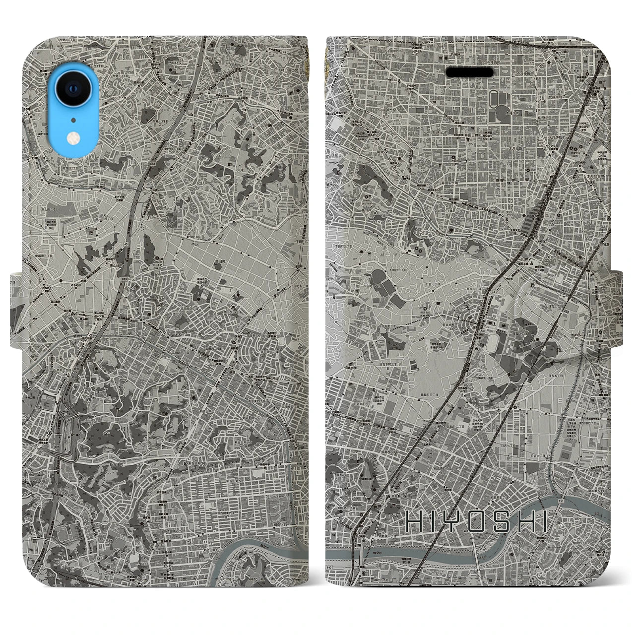 【日吉(神奈川県)】地図柄iPhoneケース(手帳タイプ)モノトーン・iPhone XR 用