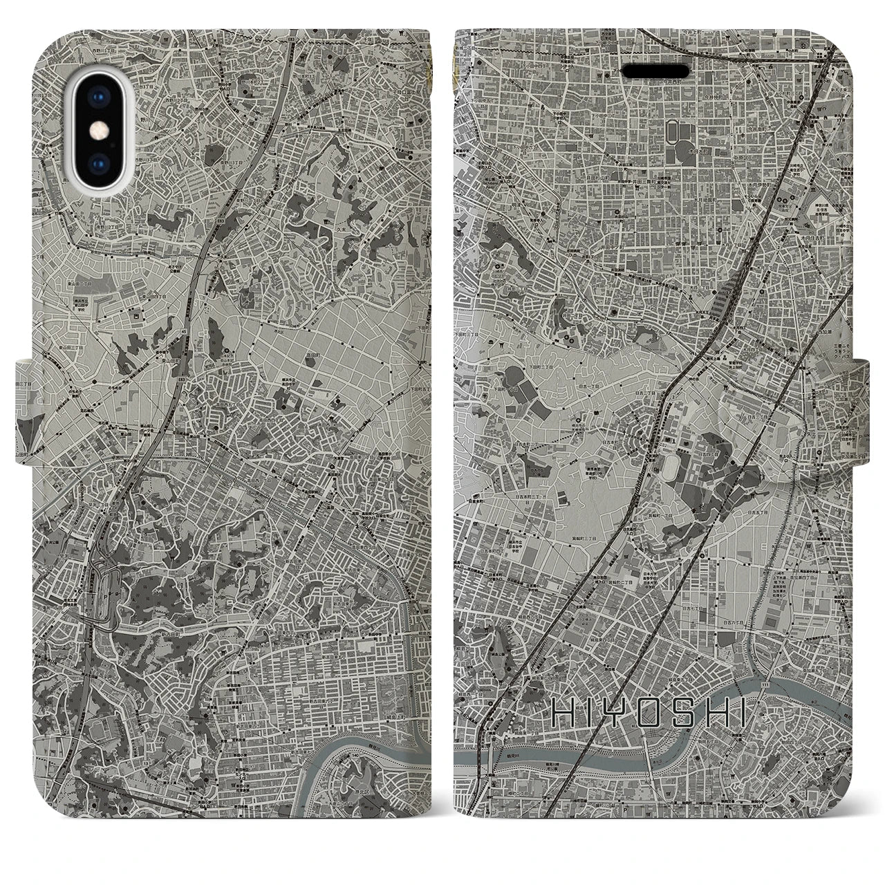 【日吉(神奈川県)】地図柄iPhoneケース(手帳タイプ)モノトーン・iPhone XS Max 用