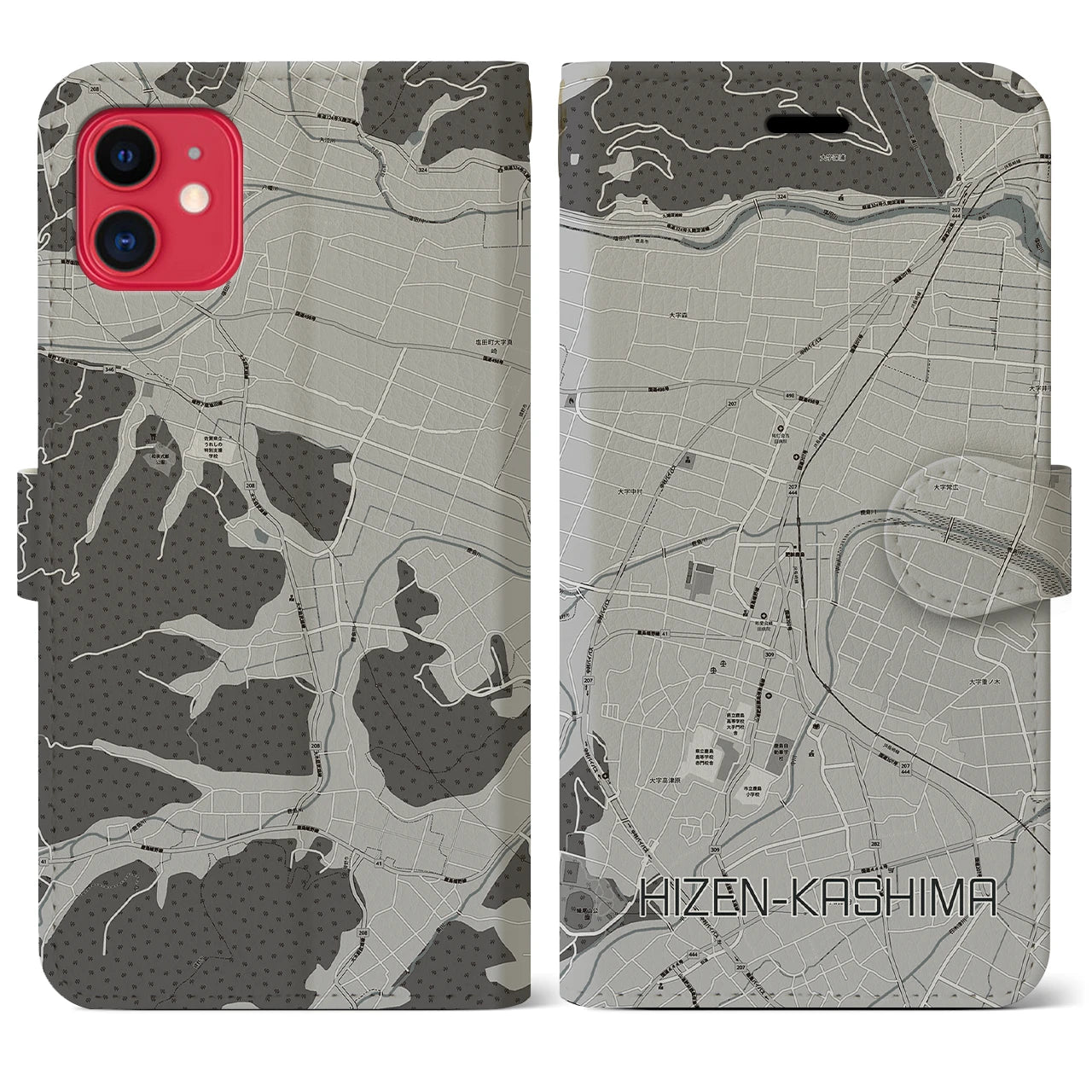 【肥前鹿島(佐賀県)】地図柄iPhoneケース(手帳タイプ)モノトーン・iPhone 11 用
