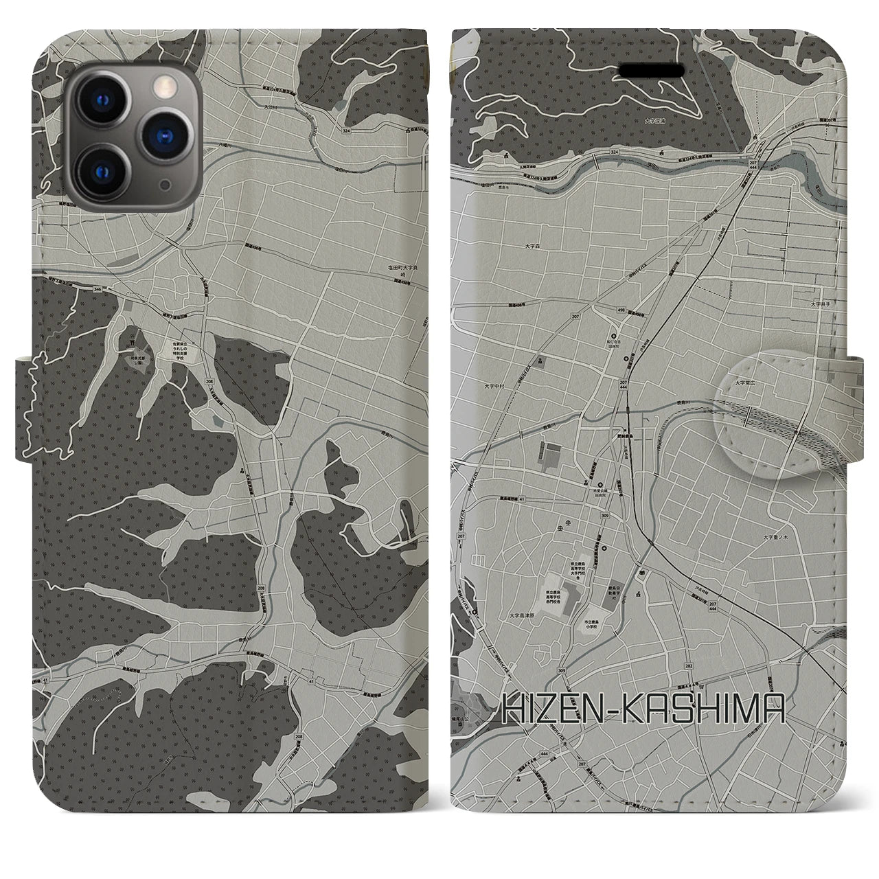 【肥前鹿島(佐賀県)】地図柄iPhoneケース(手帳タイプ)モノトーン・iPhone 11 Pro Max 用