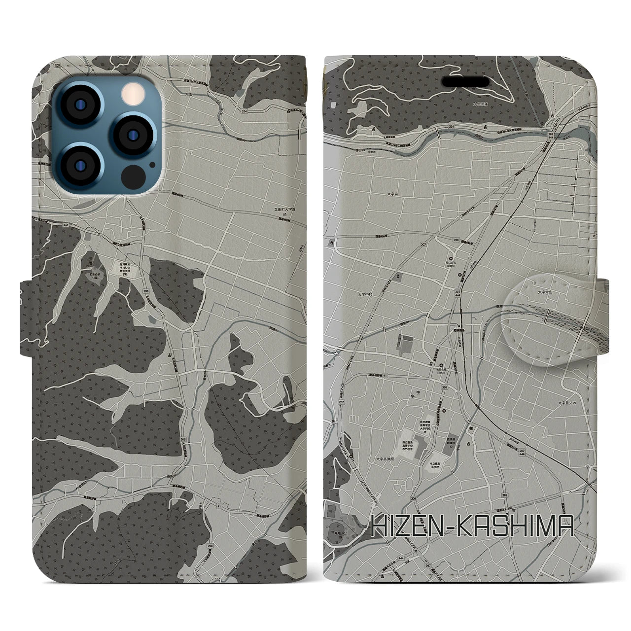 【肥前鹿島(佐賀県)】地図柄iPhoneケース(手帳タイプ)モノトーン・iPhone 12 / 12 Pro 用