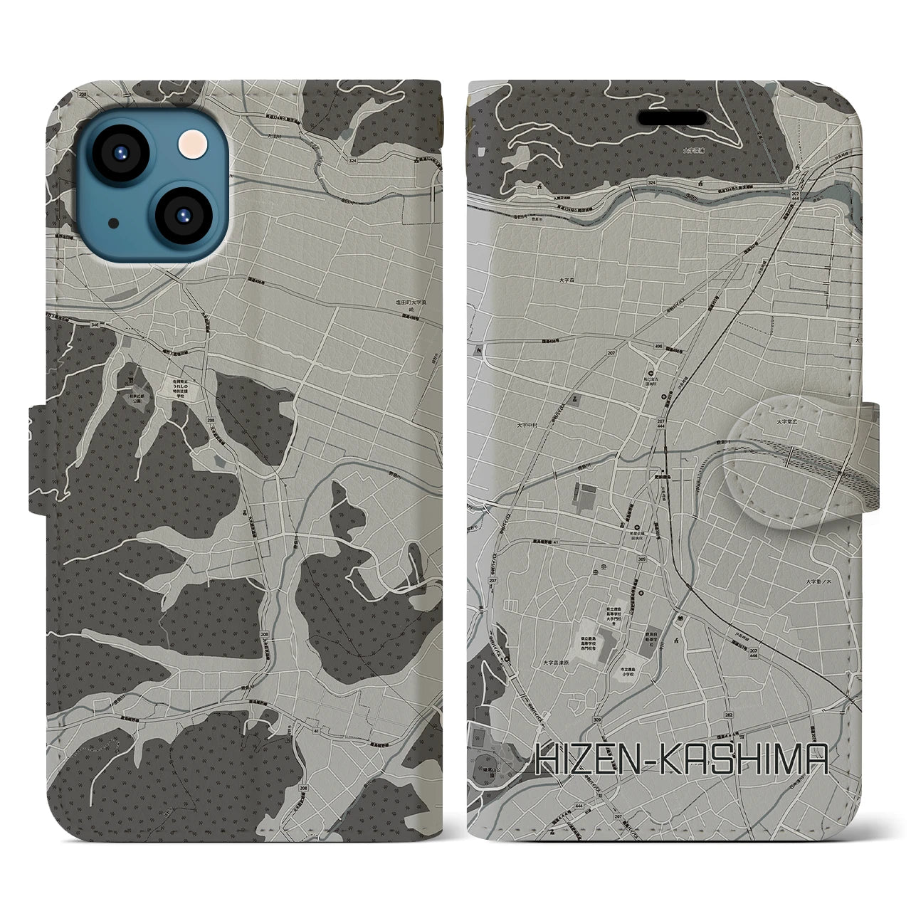【肥前鹿島(佐賀県)】地図柄iPhoneケース(手帳タイプ)モノトーン・iPhone 13 用
