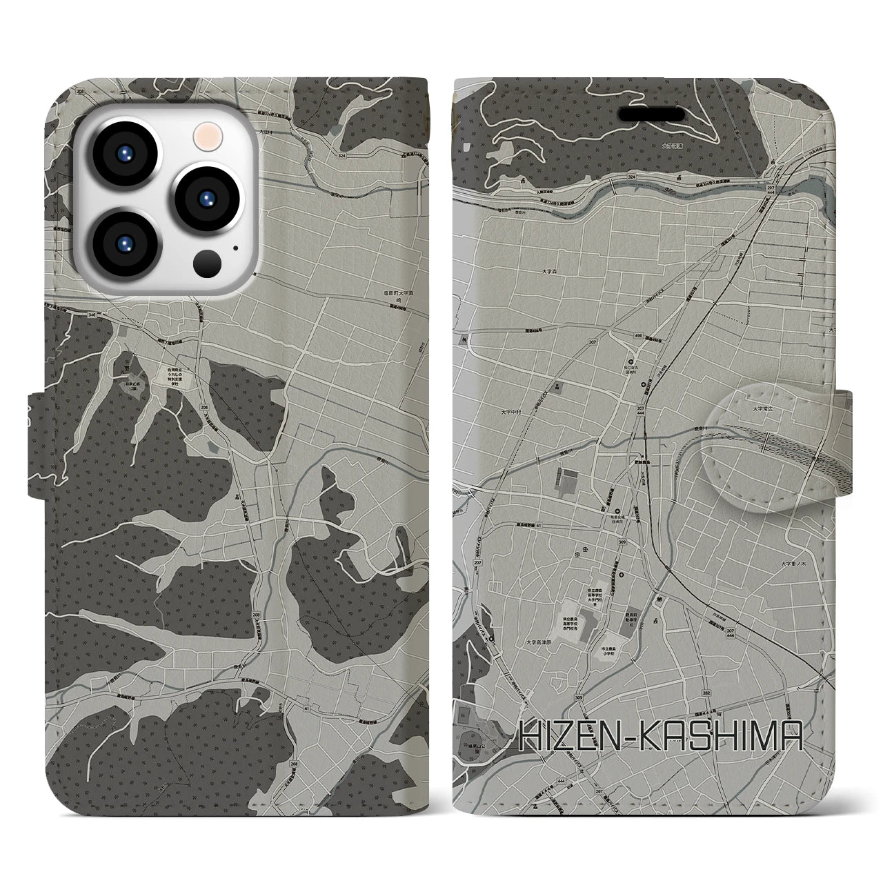 【肥前鹿島(佐賀県)】地図柄iPhoneケース(手帳タイプ)モノトーン・iPhone 13 Pro 用