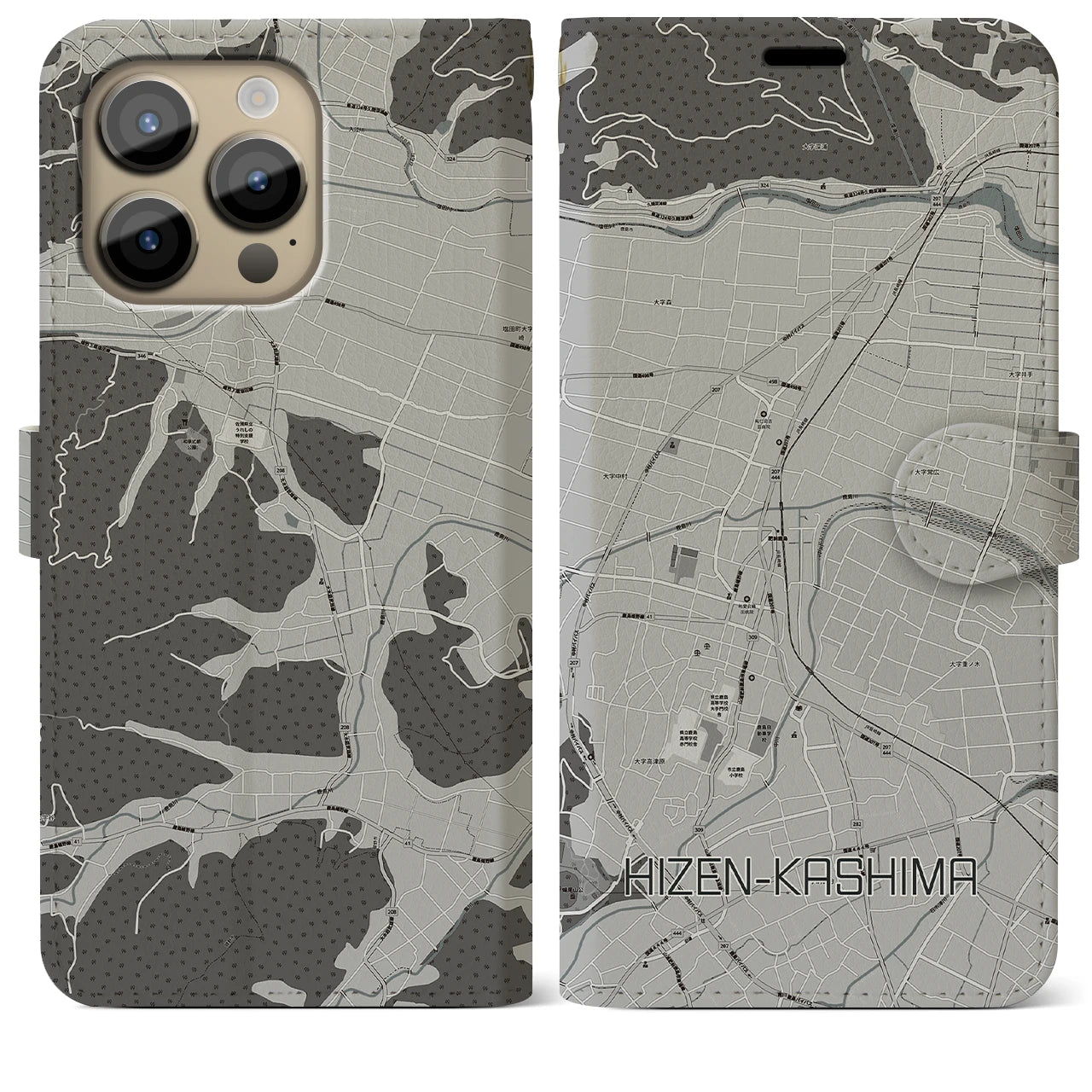 【肥前鹿島(佐賀県)】地図柄iPhoneケース(手帳タイプ)モノトーン・iPhone 14 Pro Max 用