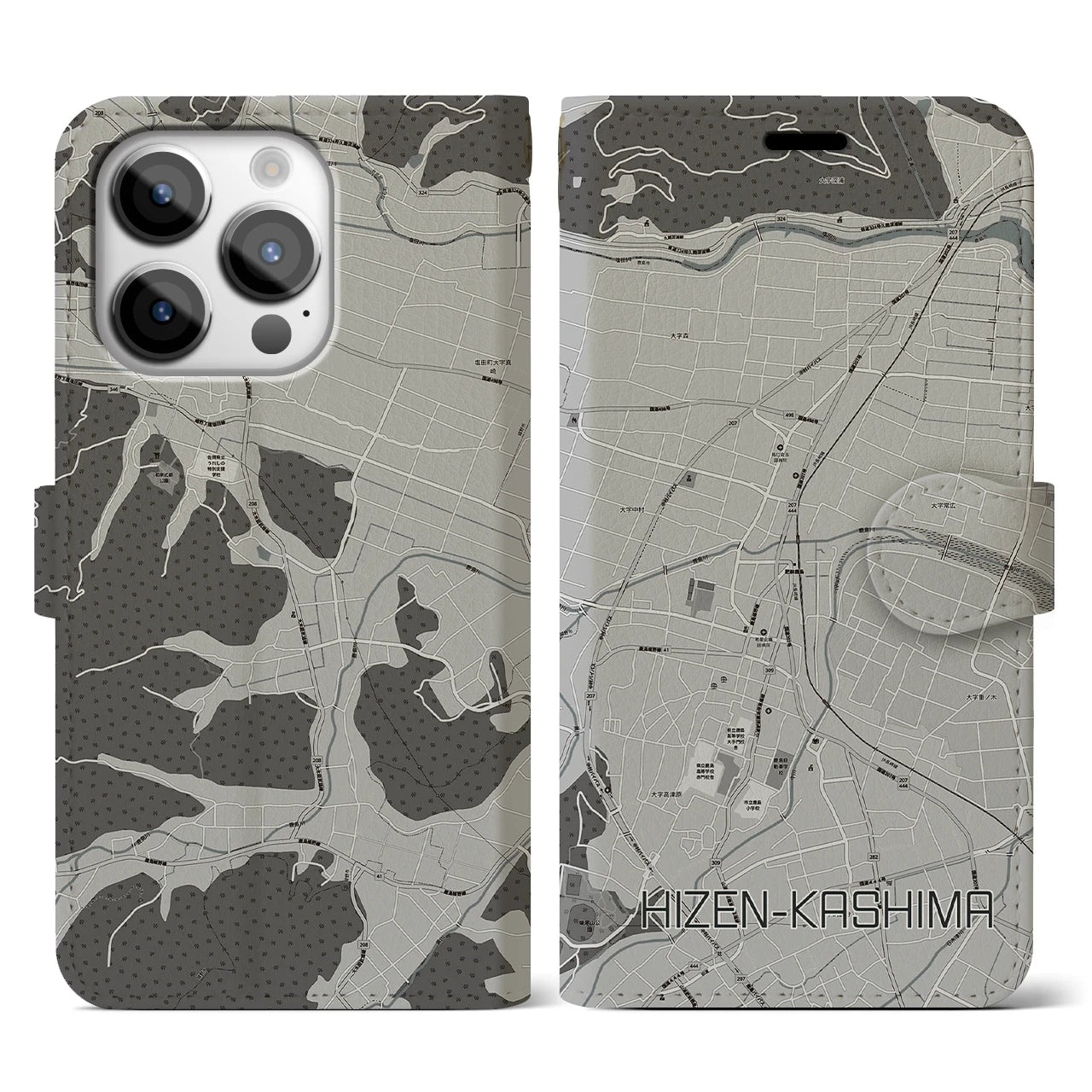 【肥前鹿島(佐賀県)】地図柄iPhoneケース(手帳タイプ)モノトーン・iPhone 14 Pro 用