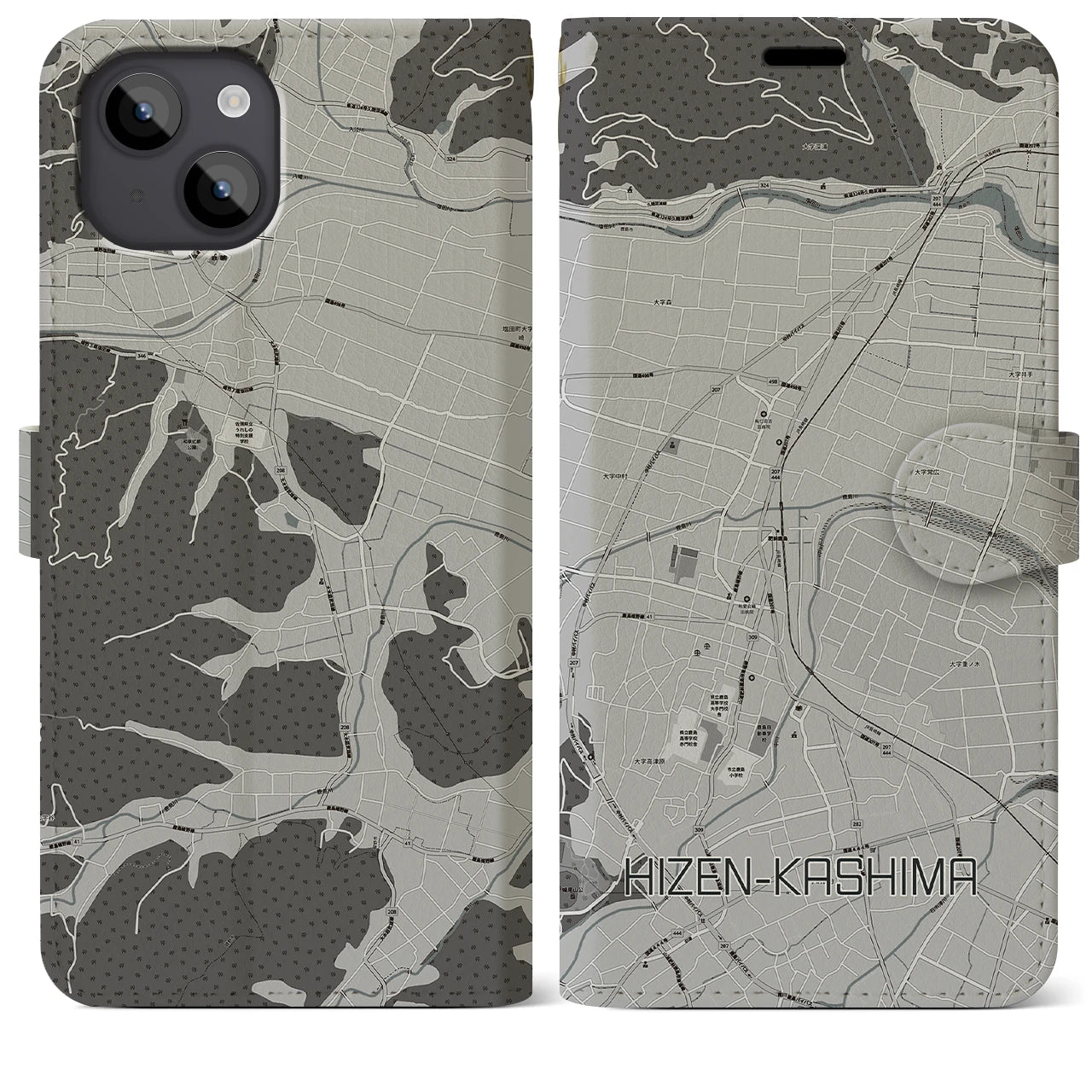 【肥前鹿島(佐賀県)】地図柄iPhoneケース(手帳タイプ)モノトーン・iPhone 14 Plus 用
