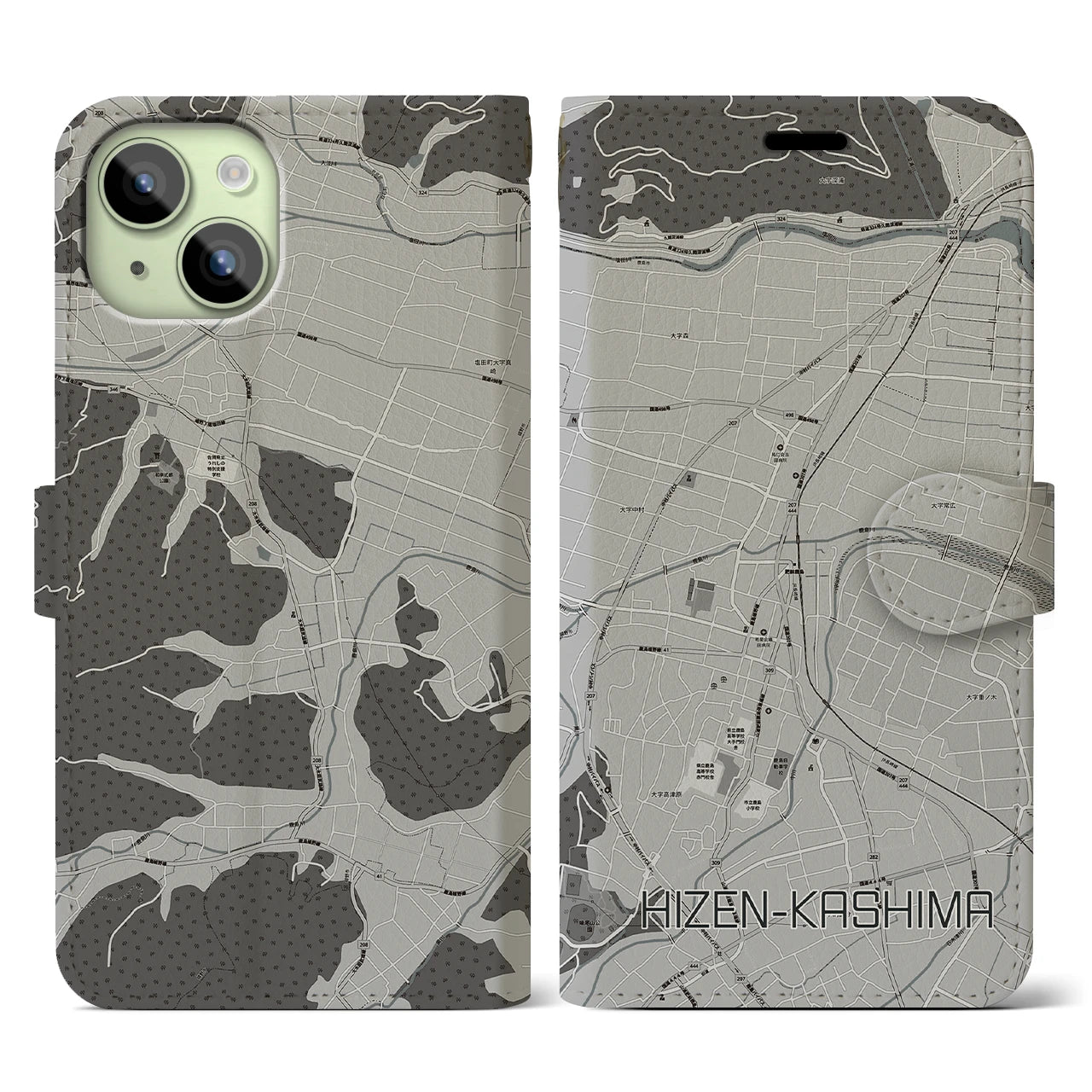 【肥前鹿島(佐賀県)】地図柄iPhoneケース(手帳タイプ)モノトーン・iPhone 15 用