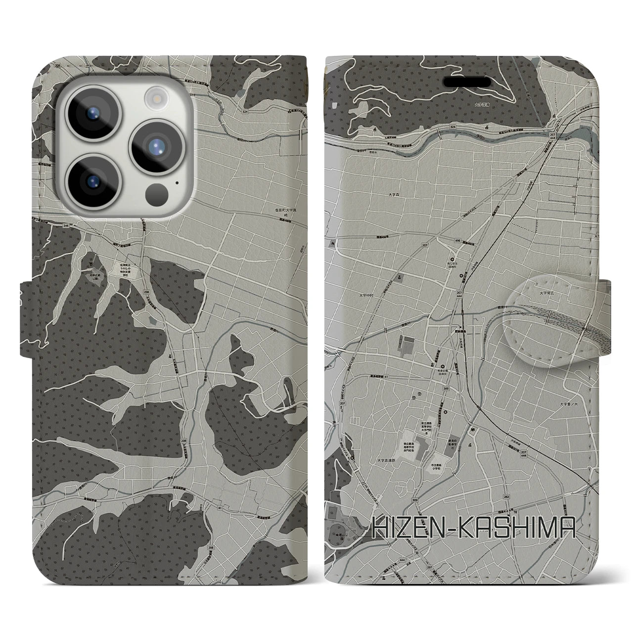 【肥前鹿島(佐賀県)】地図柄iPhoneケース(手帳タイプ)モノトーン・iPhone 15 Pro 用