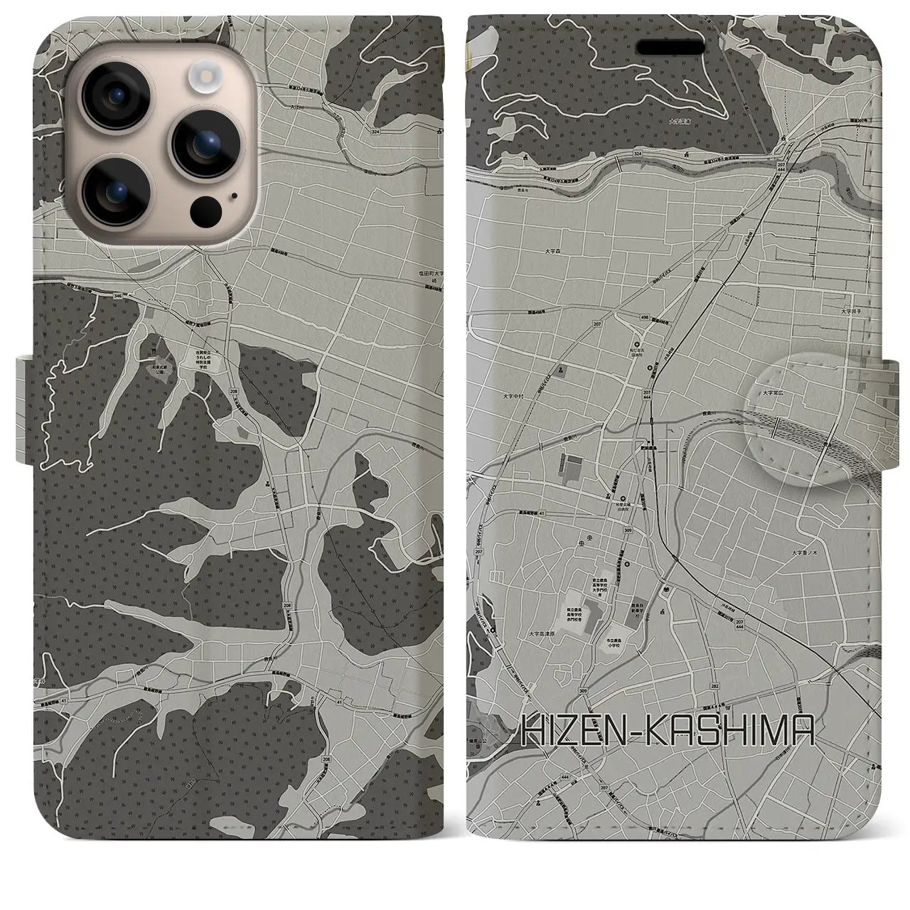 【肥前鹿島(佐賀県)】地図柄iPhoneケース(手帳タイプ)モノトーン・iPhone 16 Plus 用