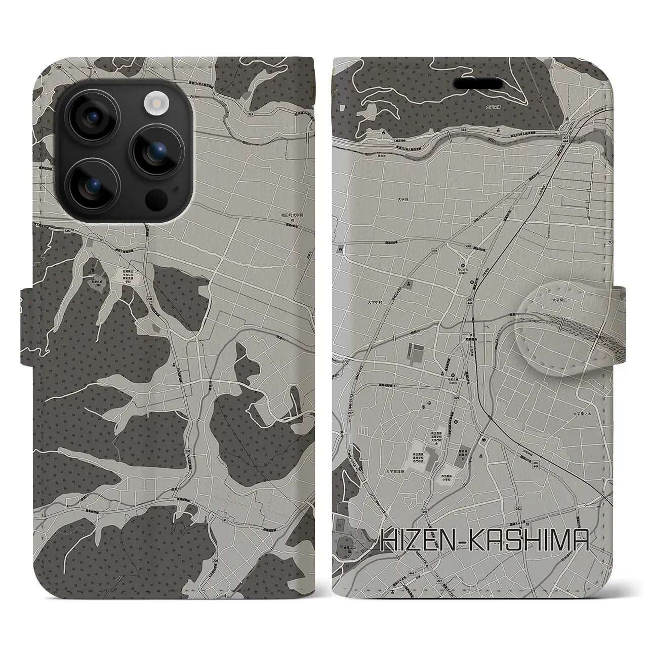 【肥前鹿島(佐賀県)】地図柄iPhoneケース(手帳タイプ)モノトーン・iPhone 16 用