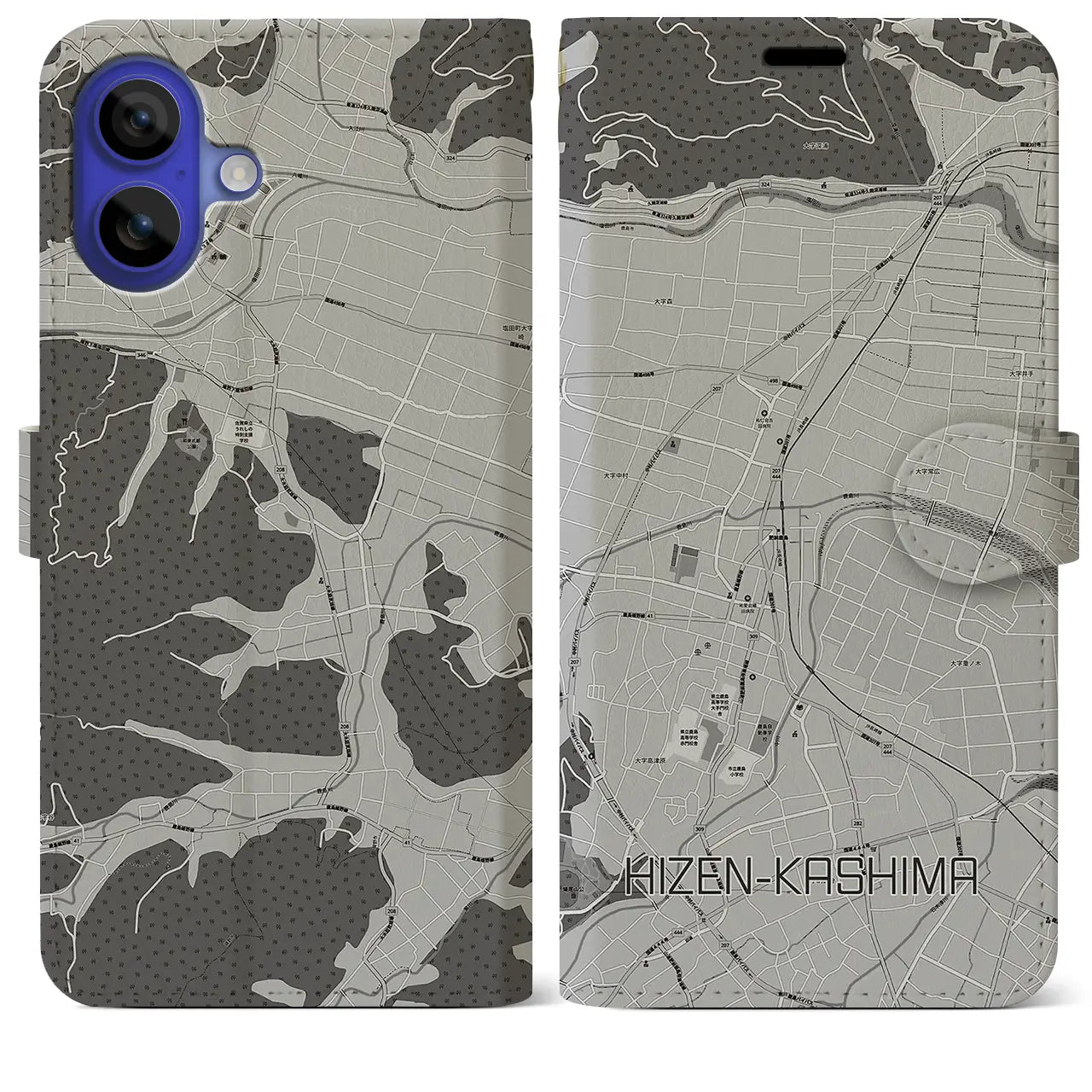 【肥前鹿島(佐賀県)】地図柄iPhoneケース(手帳タイプ)モノトーン・iPhone 16 Pro Max 用