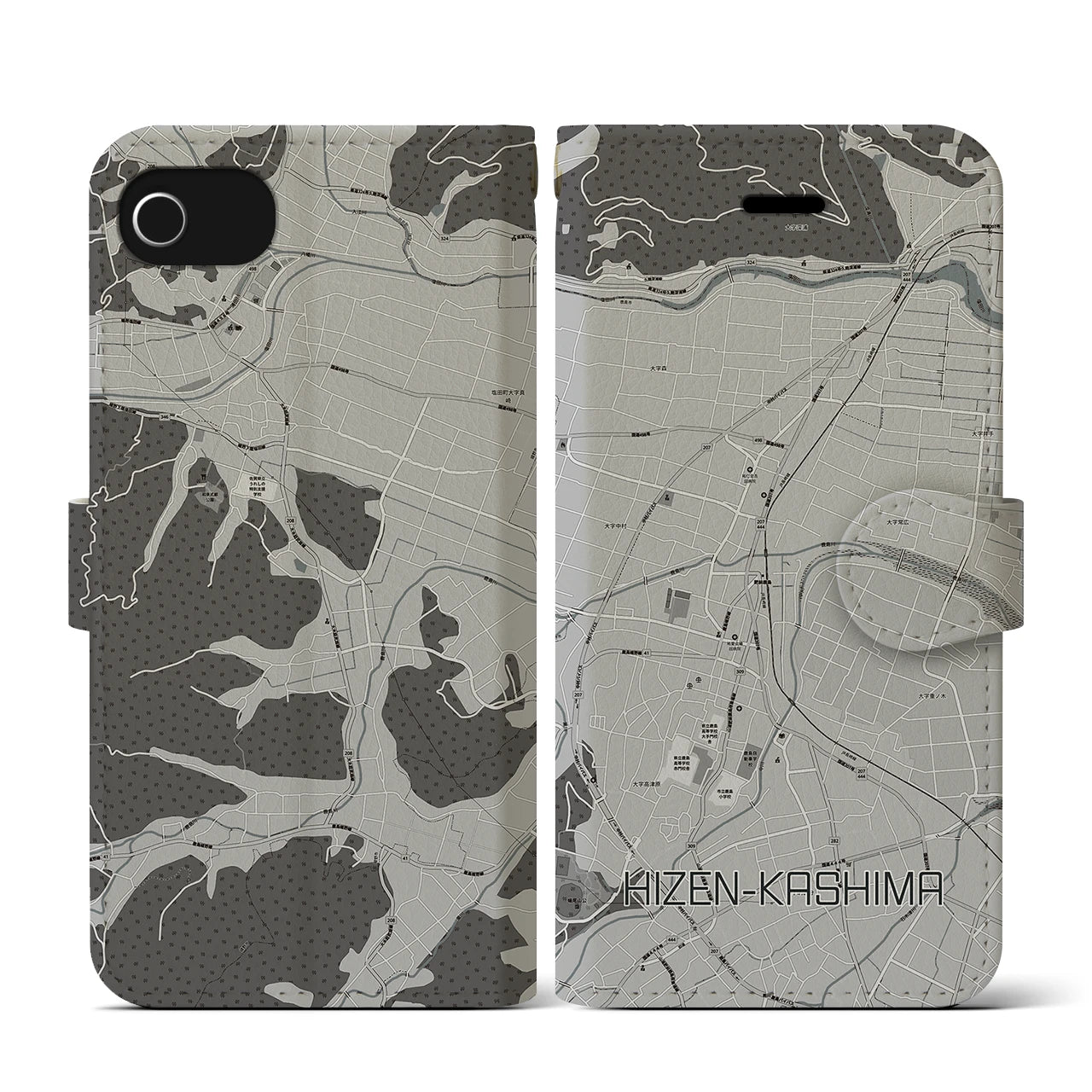 【肥前鹿島(佐賀県)】地図柄iPhoneケース(手帳タイプ)モノトーン・iPhone SE(第3 / 第2世代) / 8 / 7 / 6s / 6 用