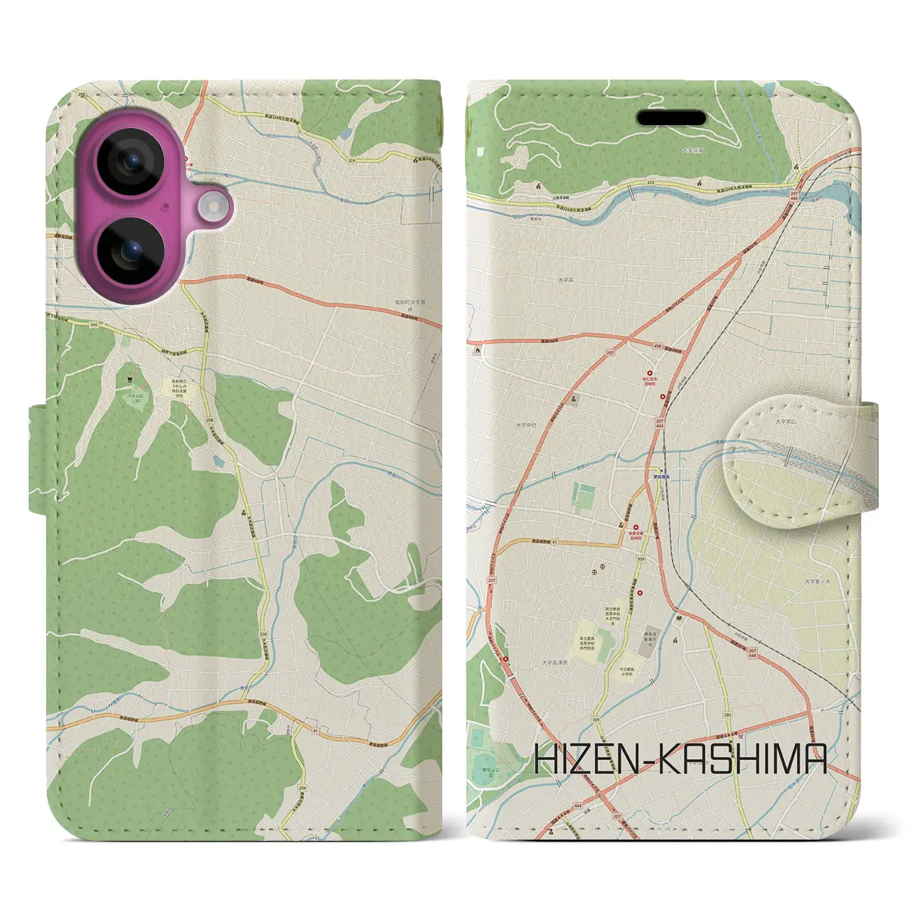 【肥前鹿島(佐賀県)】地図柄iPhoneケース(手帳タイプ)ナチュラル・iPhone 16 Pro 用