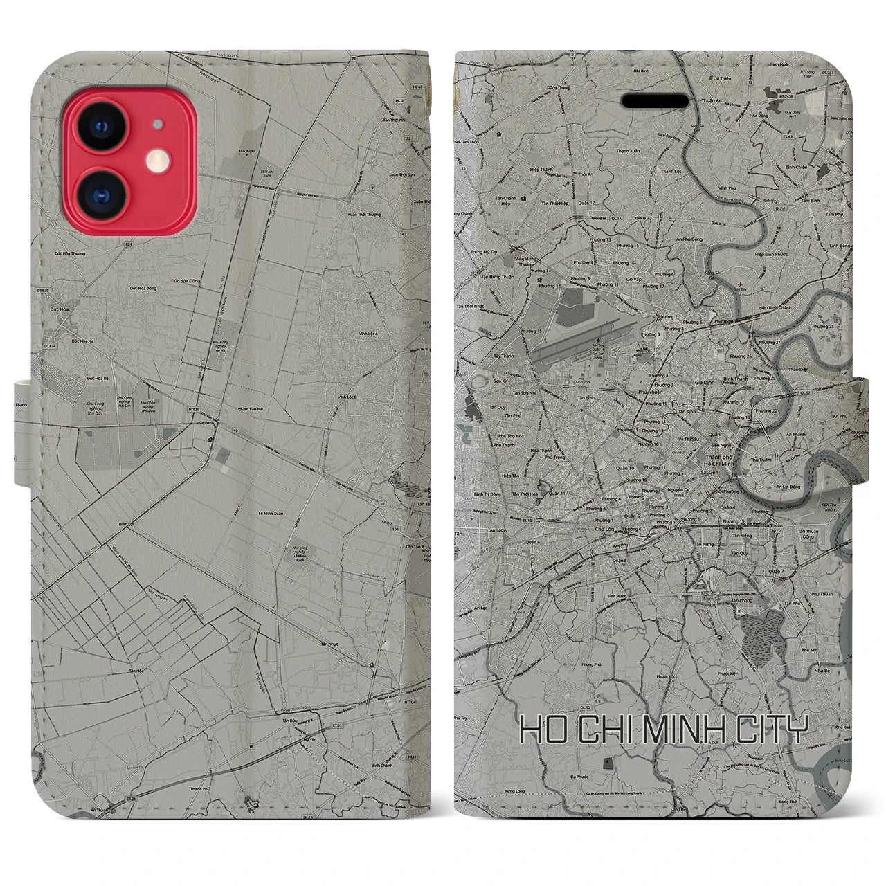 【ホーチミン(ベトナム)】地図柄iPhoneケース(手帳タイプ)モノトーン・iPhone 11 用
