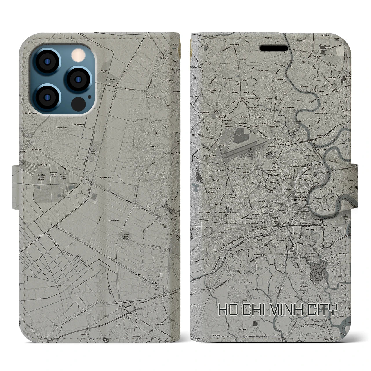 【ホーチミン(ベトナム)】地図柄iPhoneケース(手帳タイプ)モノトーン・iPhone 12 / 12 Pro 用