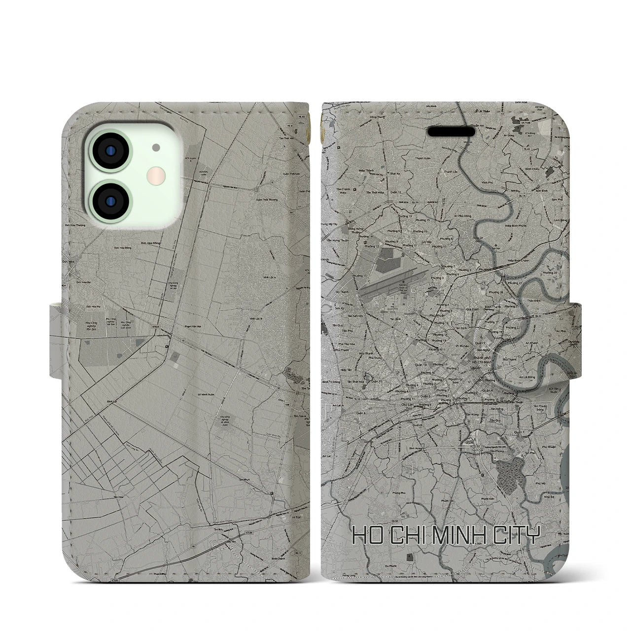 【ホーチミン(ベトナム)】地図柄iPhoneケース(手帳タイプ)モノトーン・iPhone 12 mini 用