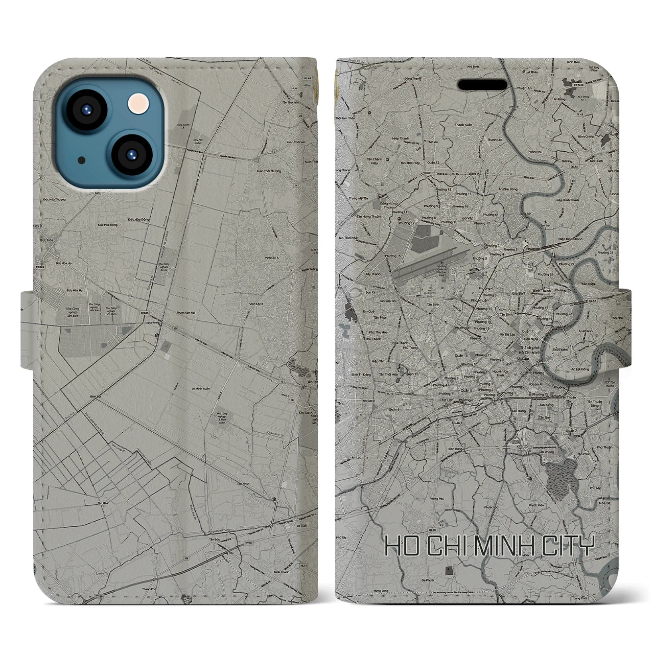 【ホーチミン(ベトナム)】地図柄iPhoneケース(手帳タイプ)モノトーン・iPhone 13 用