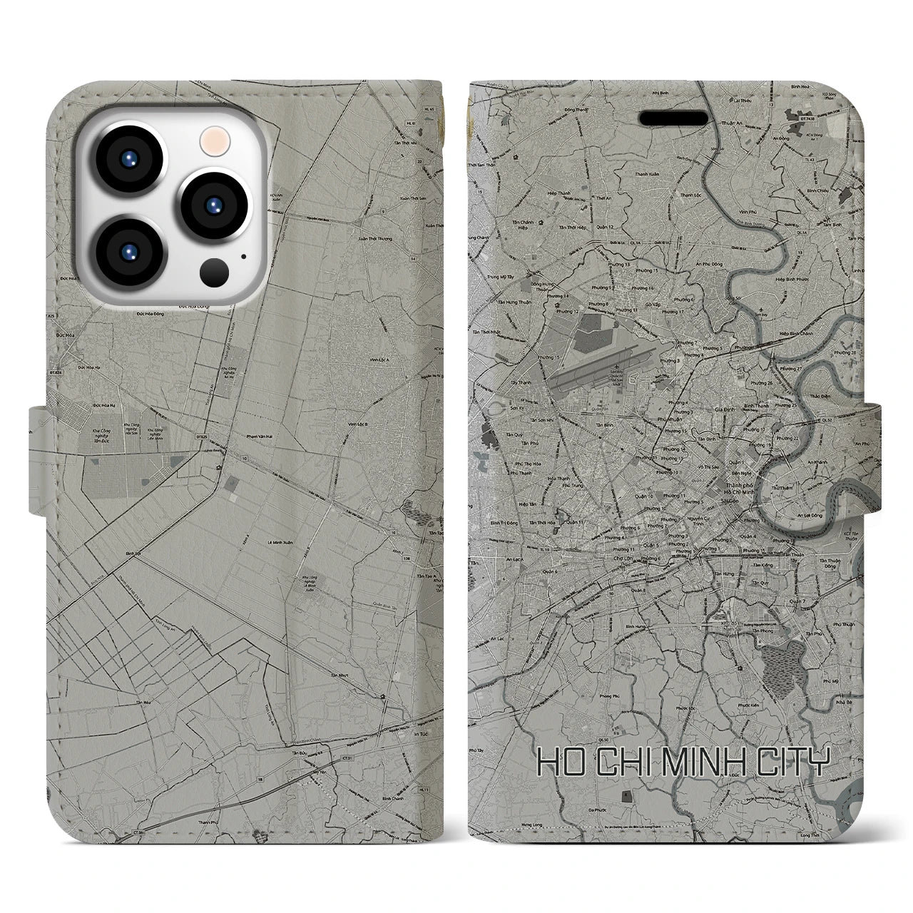【ホーチミン(ベトナム)】地図柄iPhoneケース(手帳タイプ)モノトーン・iPhone 13 Pro 用