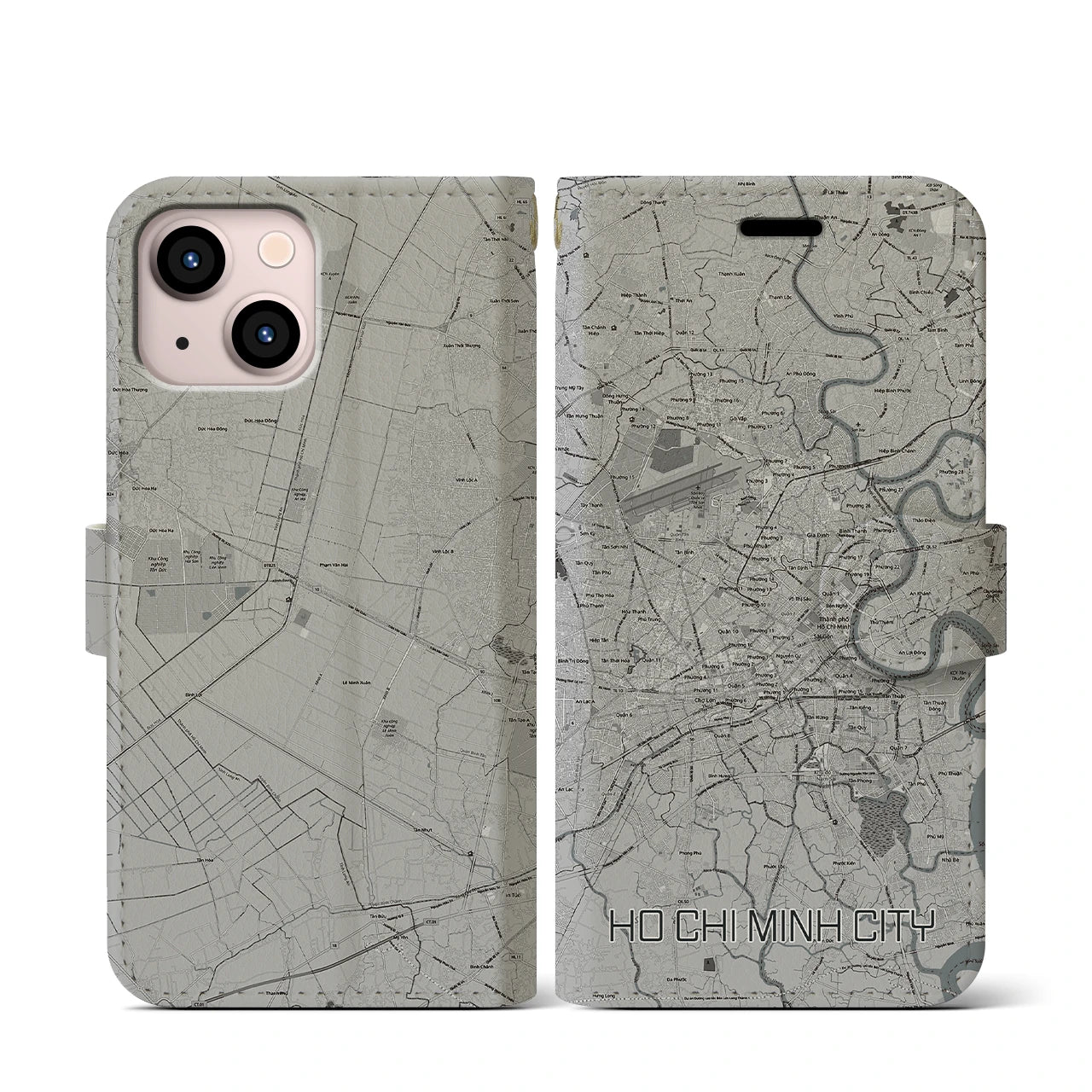 【ホーチミン(ベトナム)】地図柄iPhoneケース(手帳タイプ)モノトーン・iPhone 13 mini 用