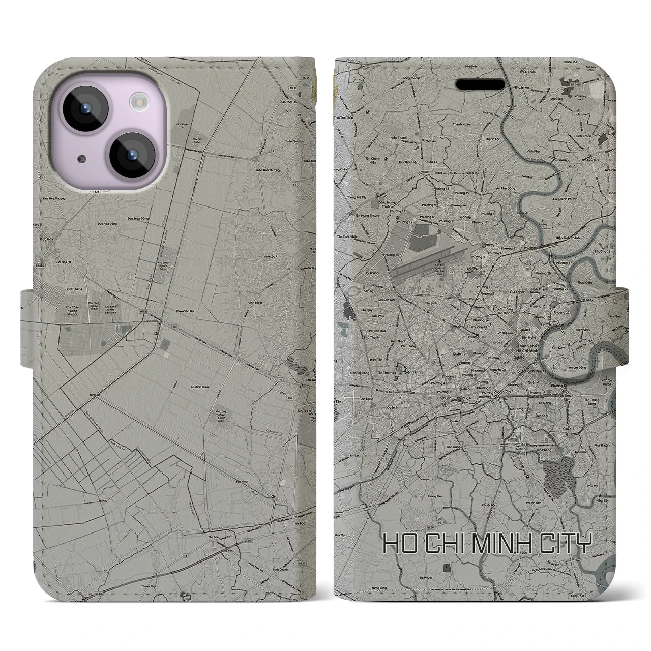 【ホーチミン(ベトナム)】地図柄iPhoneケース(手帳タイプ)モノトーン・iPhone 14 用