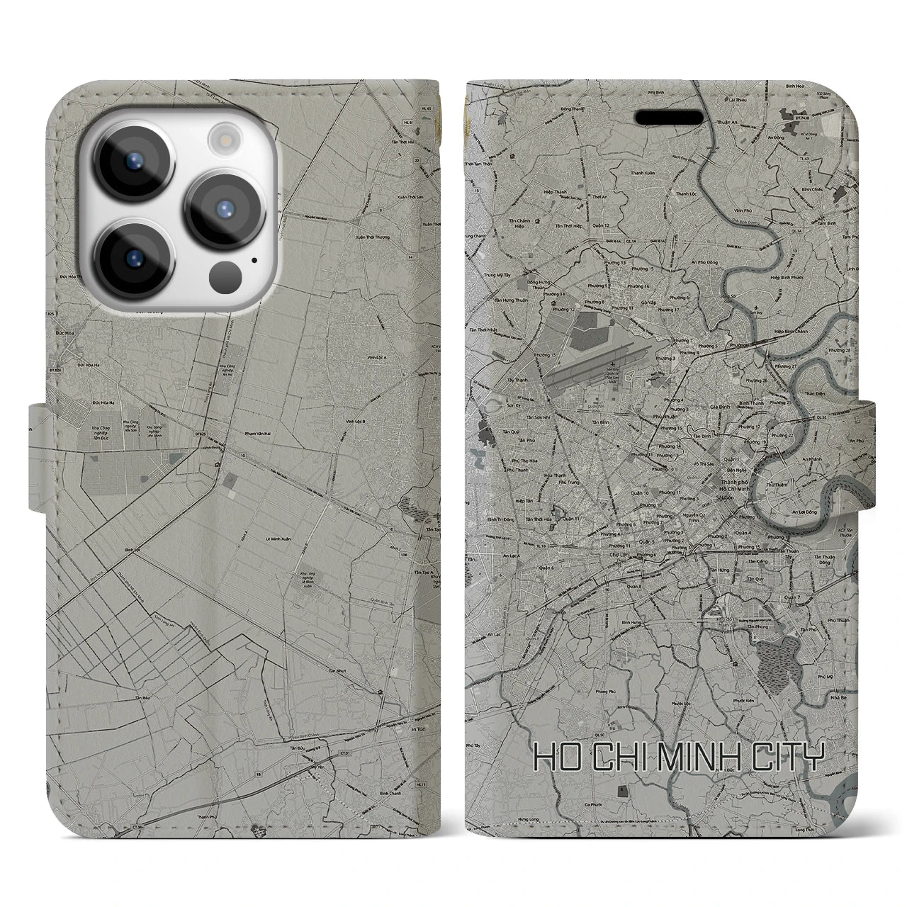 【ホーチミン(ベトナム)】地図柄iPhoneケース(手帳タイプ)モノトーン・iPhone 14 Pro 用