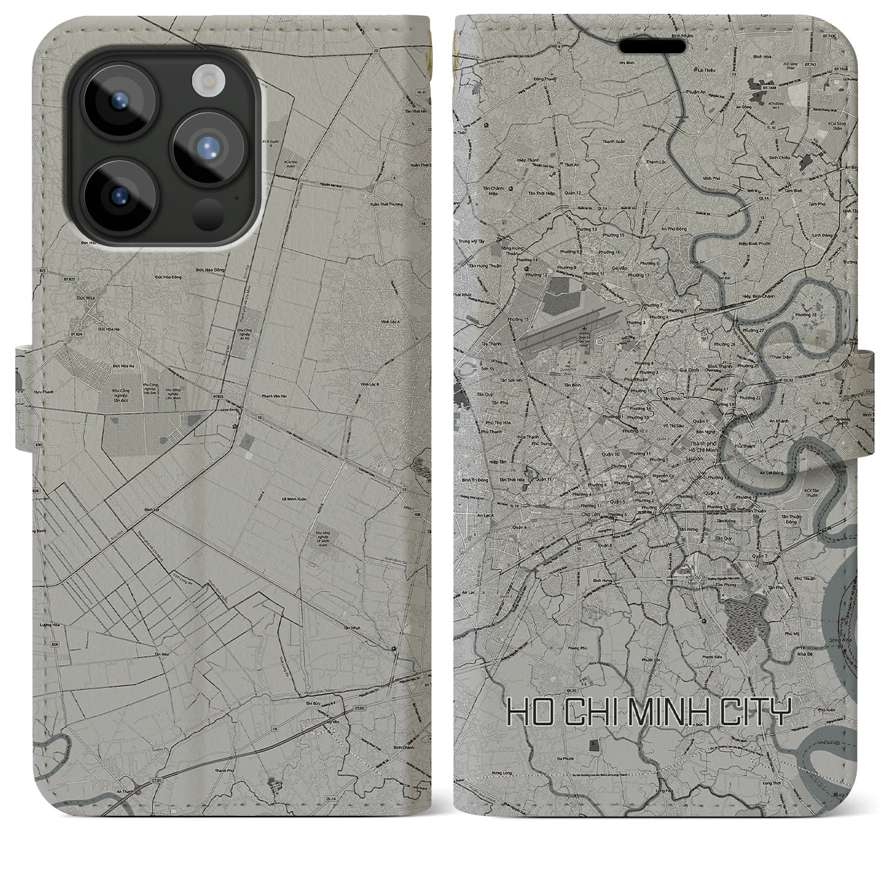 【ホーチミン(ベトナム)】地図柄iPhoneケース(手帳タイプ)モノトーン・iPhone 15 Pro Max 用
