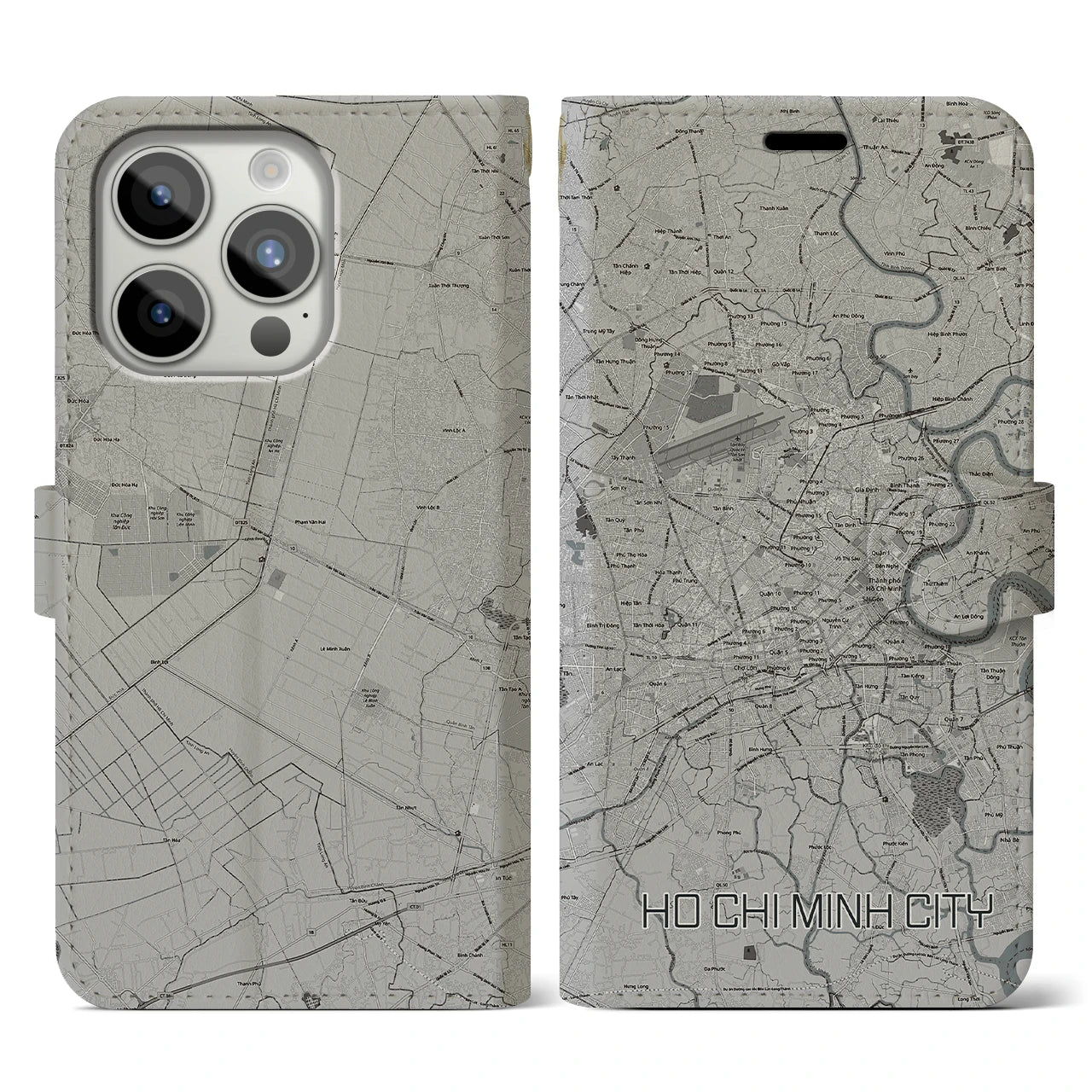 【ホーチミン(ベトナム)】地図柄iPhoneケース(手帳タイプ)モノトーン・iPhone 15 Pro 用