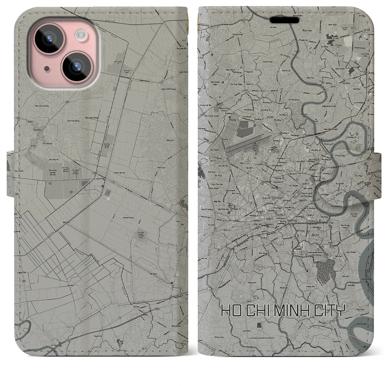 【ホーチミン(ベトナム)】地図柄iPhoneケース(手帳タイプ)モノトーン・iPhone 15 Plus 用