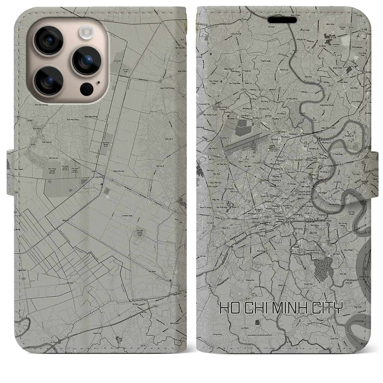 【ホーチミン(ベトナム)】地図柄iPhoneケース(手帳タイプ)モノトーン・iPhone 16 Plus 用