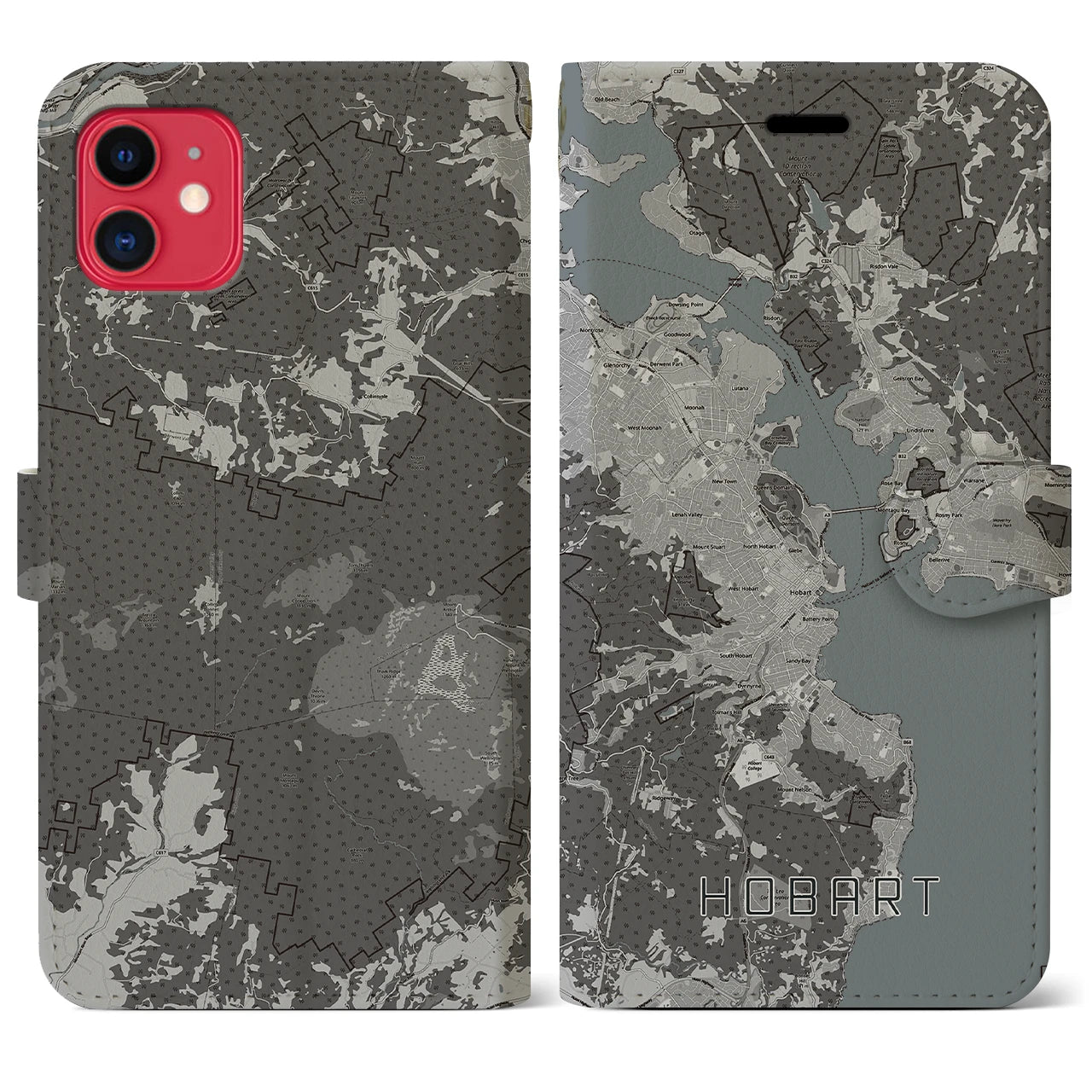 【ホバート(オーストラリア)】地図柄iPhoneケース(手帳タイプ)モノトーン・iPhone 11 用
