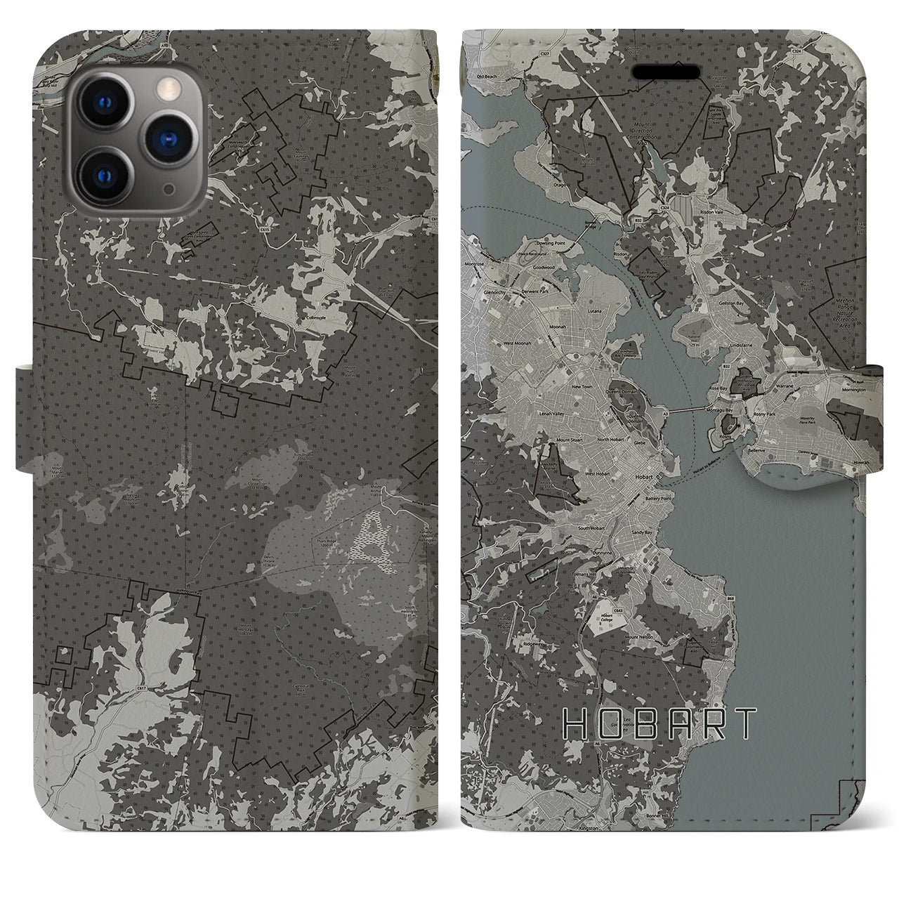 【ホバート(オーストラリア)】地図柄iPhoneケース(手帳タイプ)モノトーン・iPhone 11 Pro Max 用