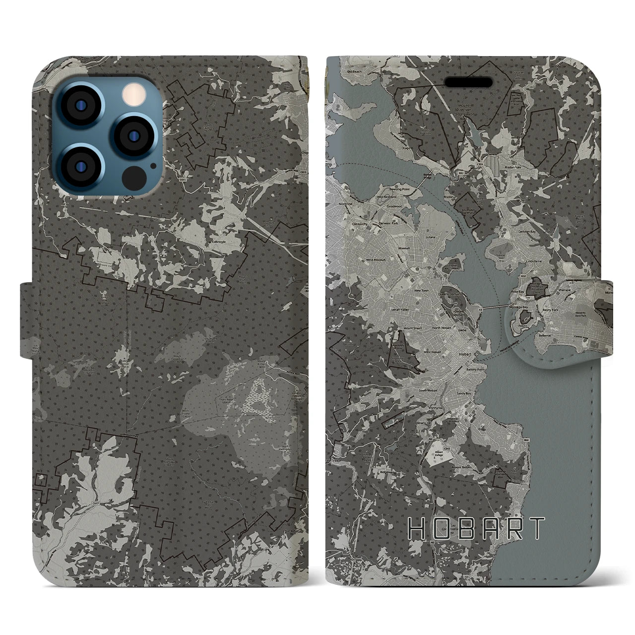 【ホバート(オーストラリア)】地図柄iPhoneケース(手帳タイプ)モノトーン・iPhone 12 / 12 Pro 用