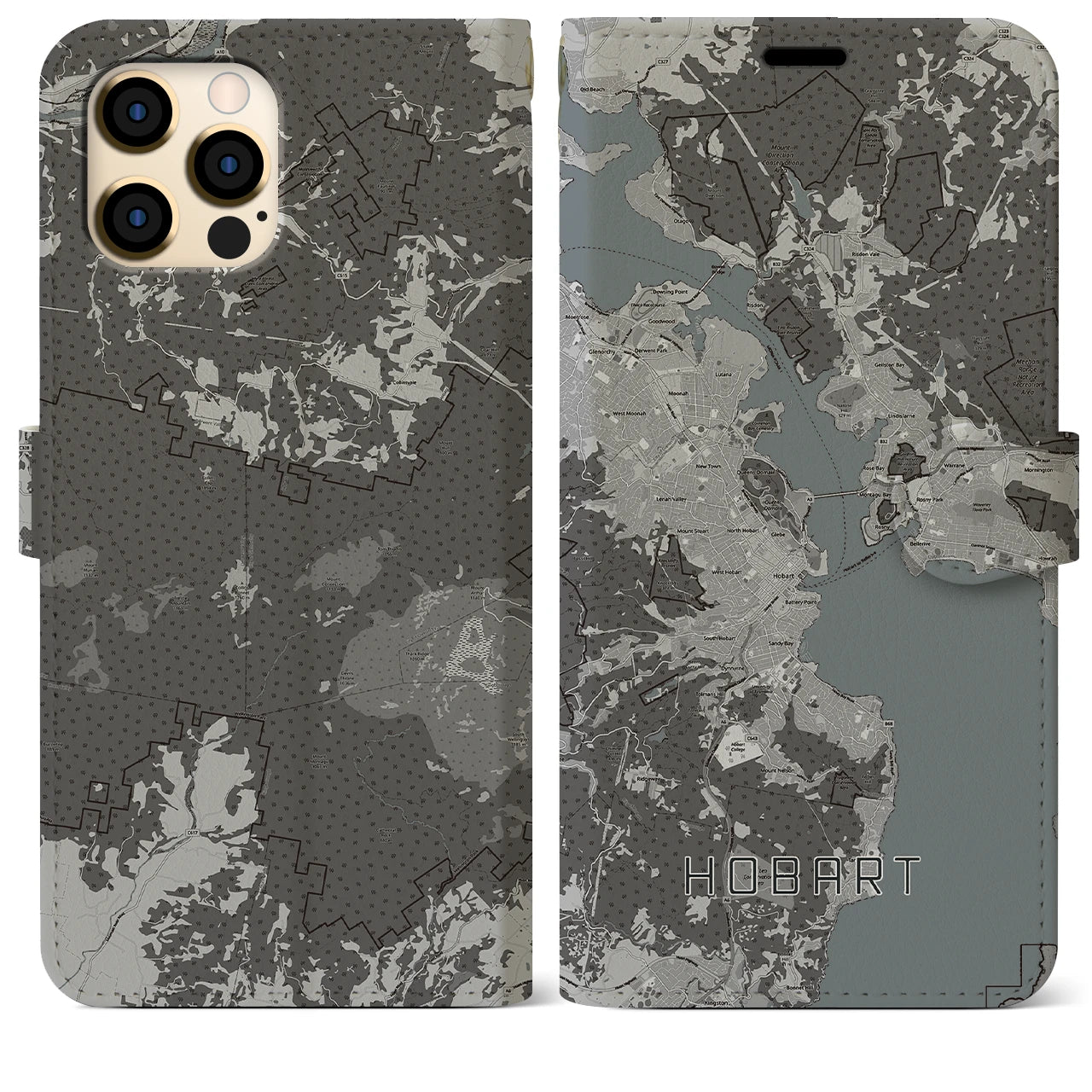 【ホバート(オーストラリア)】地図柄iPhoneケース(手帳タイプ)モノトーン・iPhone 12 Pro Max 用
