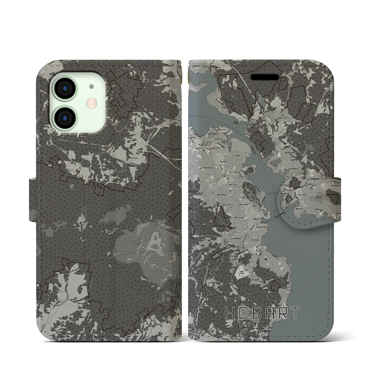 【ホバート(オーストラリア)】地図柄iPhoneケース(手帳タイプ)モノトーン・iPhone 12 mini 用