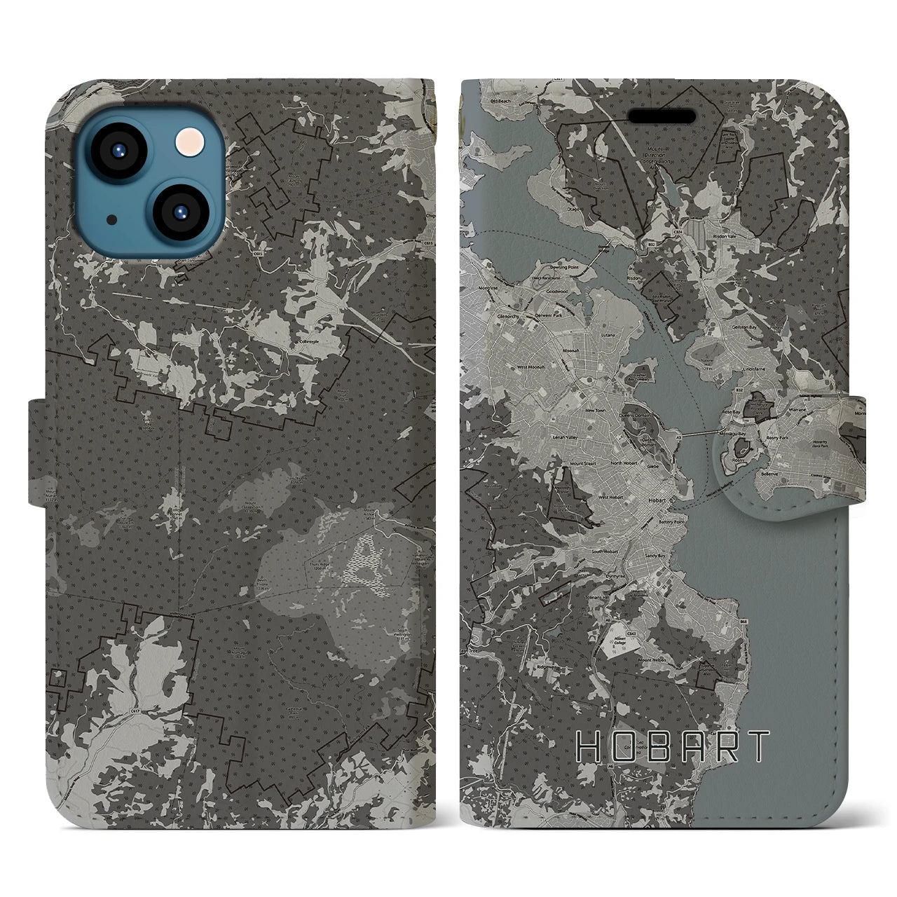 【ホバート(オーストラリア)】地図柄iPhoneケース(手帳タイプ)モノトーン・iPhone 13 用
