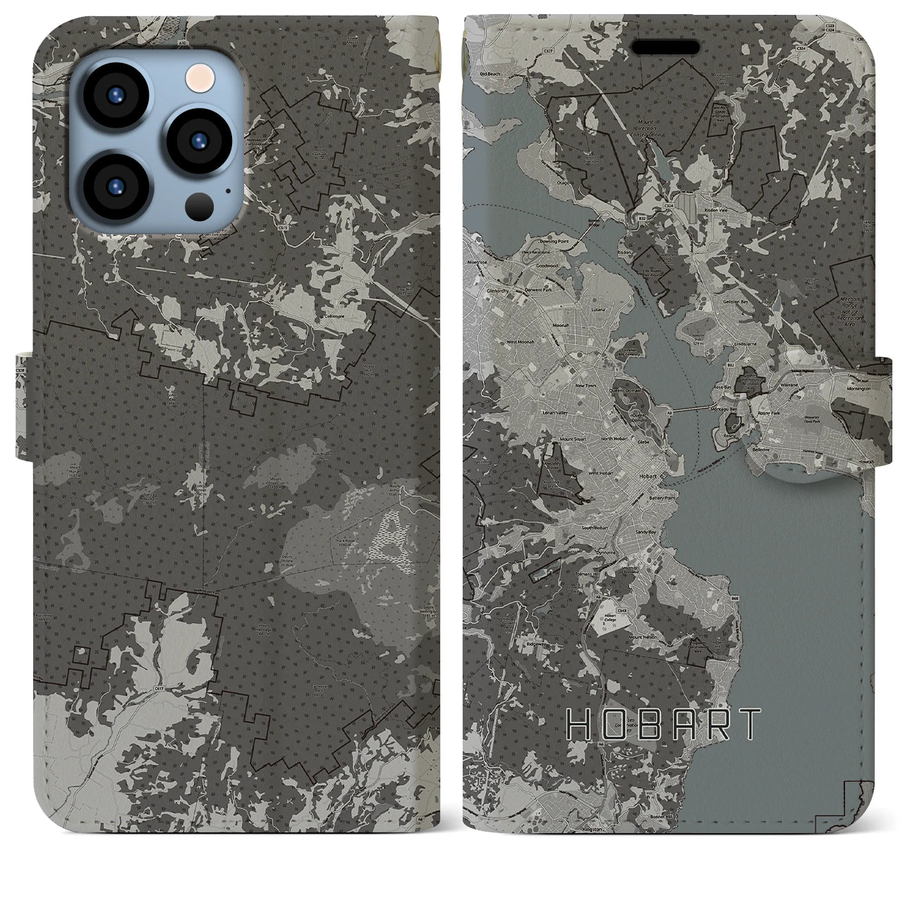 【ホバート(オーストラリア)】地図柄iPhoneケース(手帳タイプ)モノトーン・iPhone 13 Pro Max 用