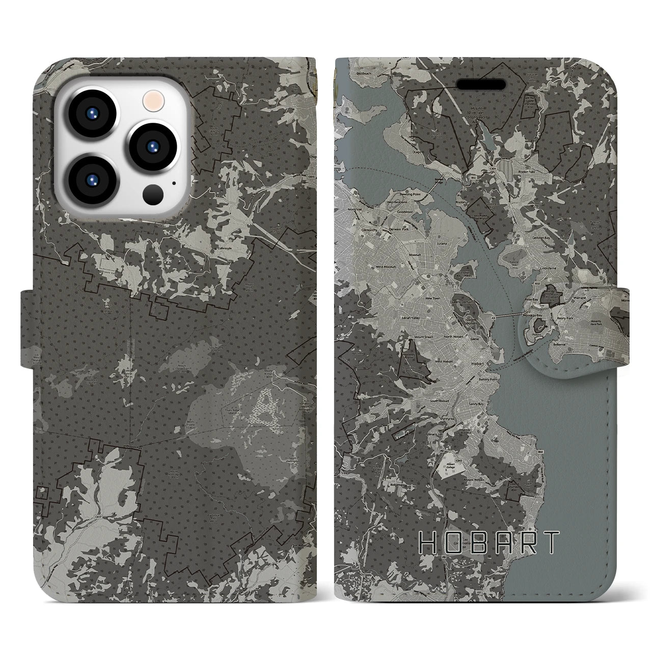 【ホバート(オーストラリア)】地図柄iPhoneケース(手帳タイプ)モノトーン・iPhone 13 Pro 用